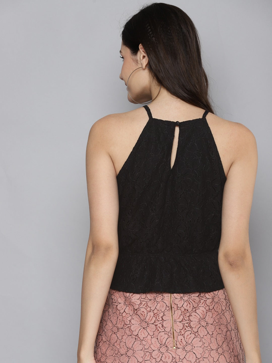 Women Black Lace Halter Neck Crop Top