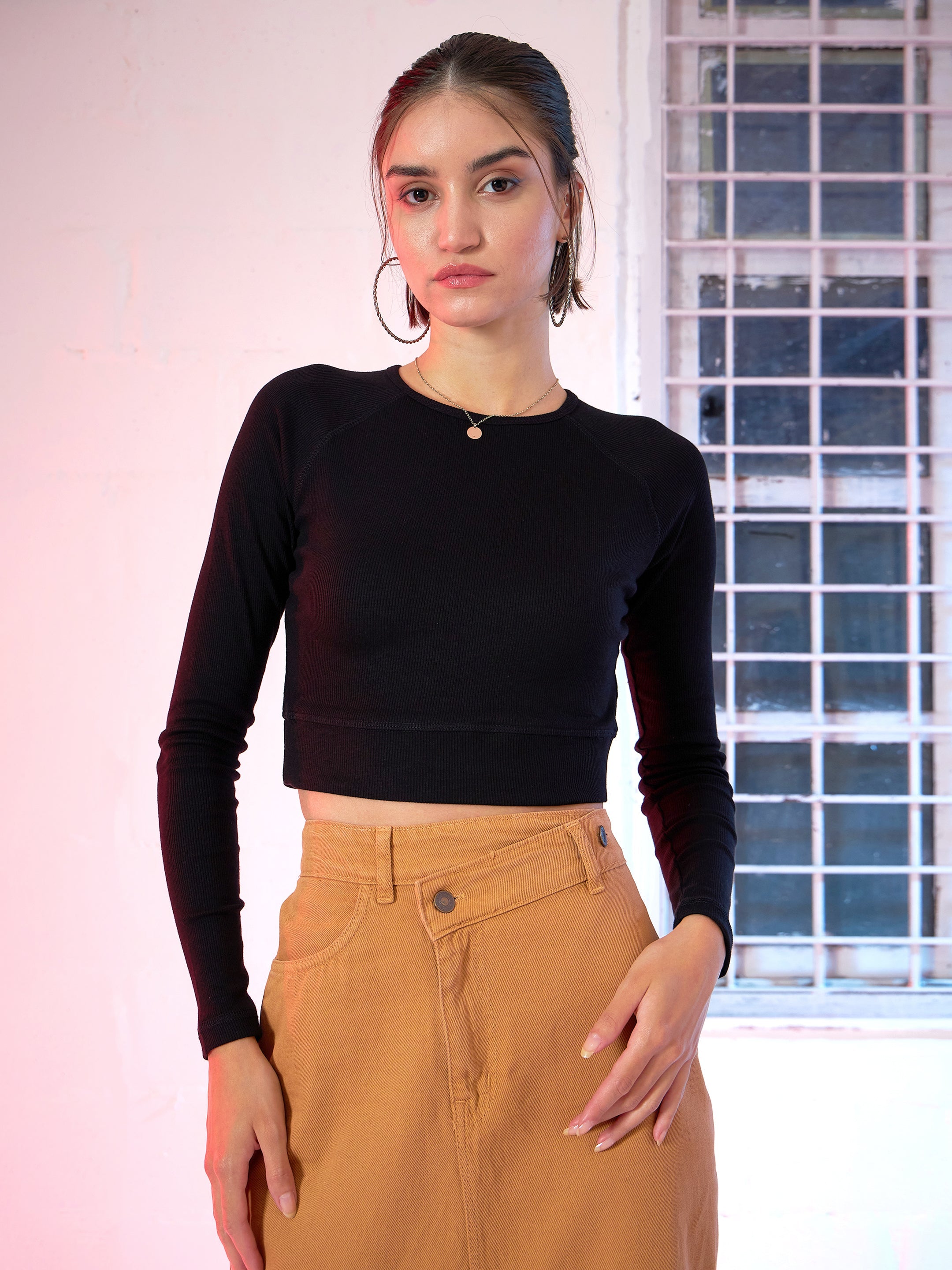 Women Black Rib Full Sleeve  Crop Top