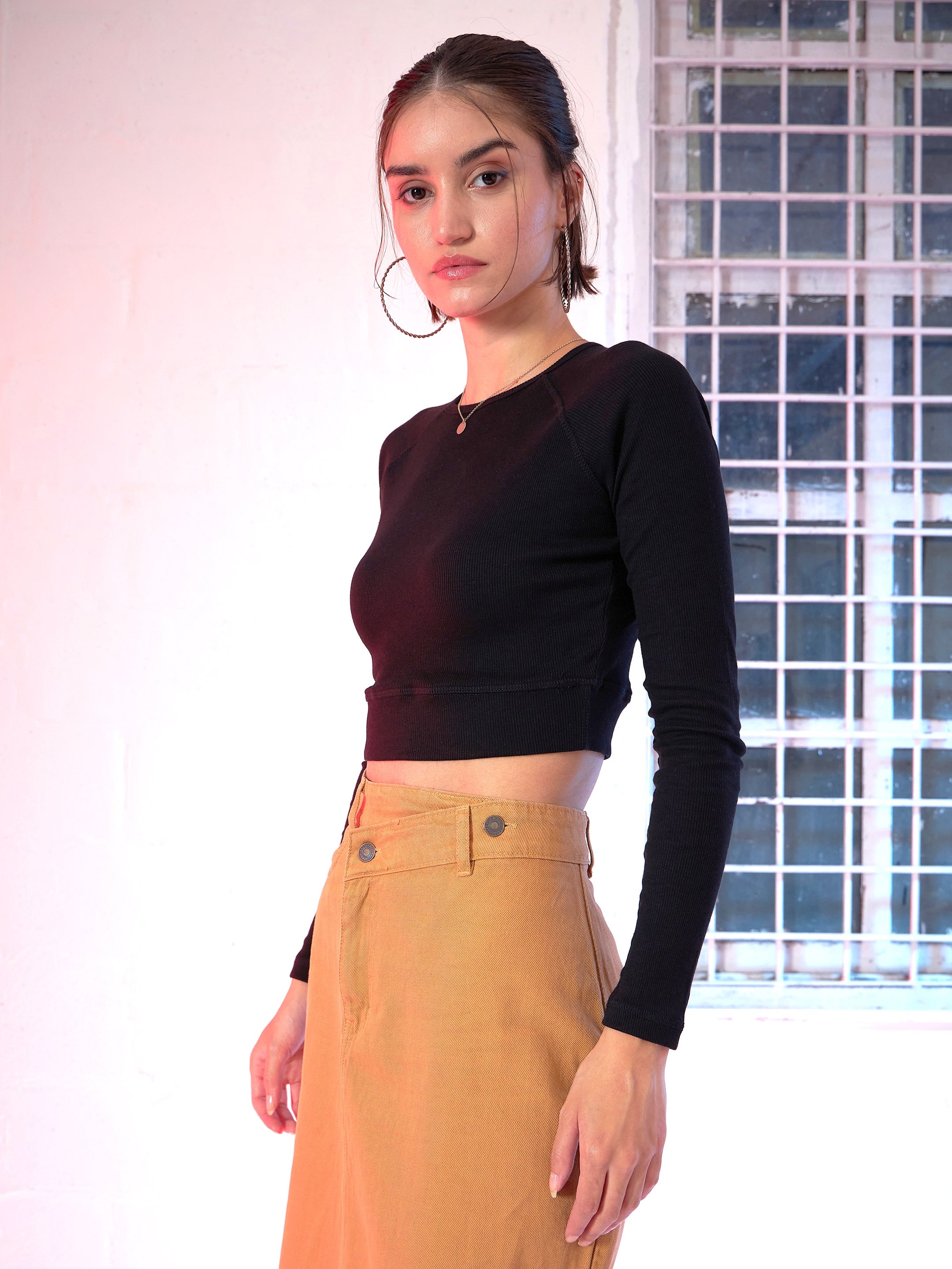Women Black Rib Full Sleeve  Crop Top