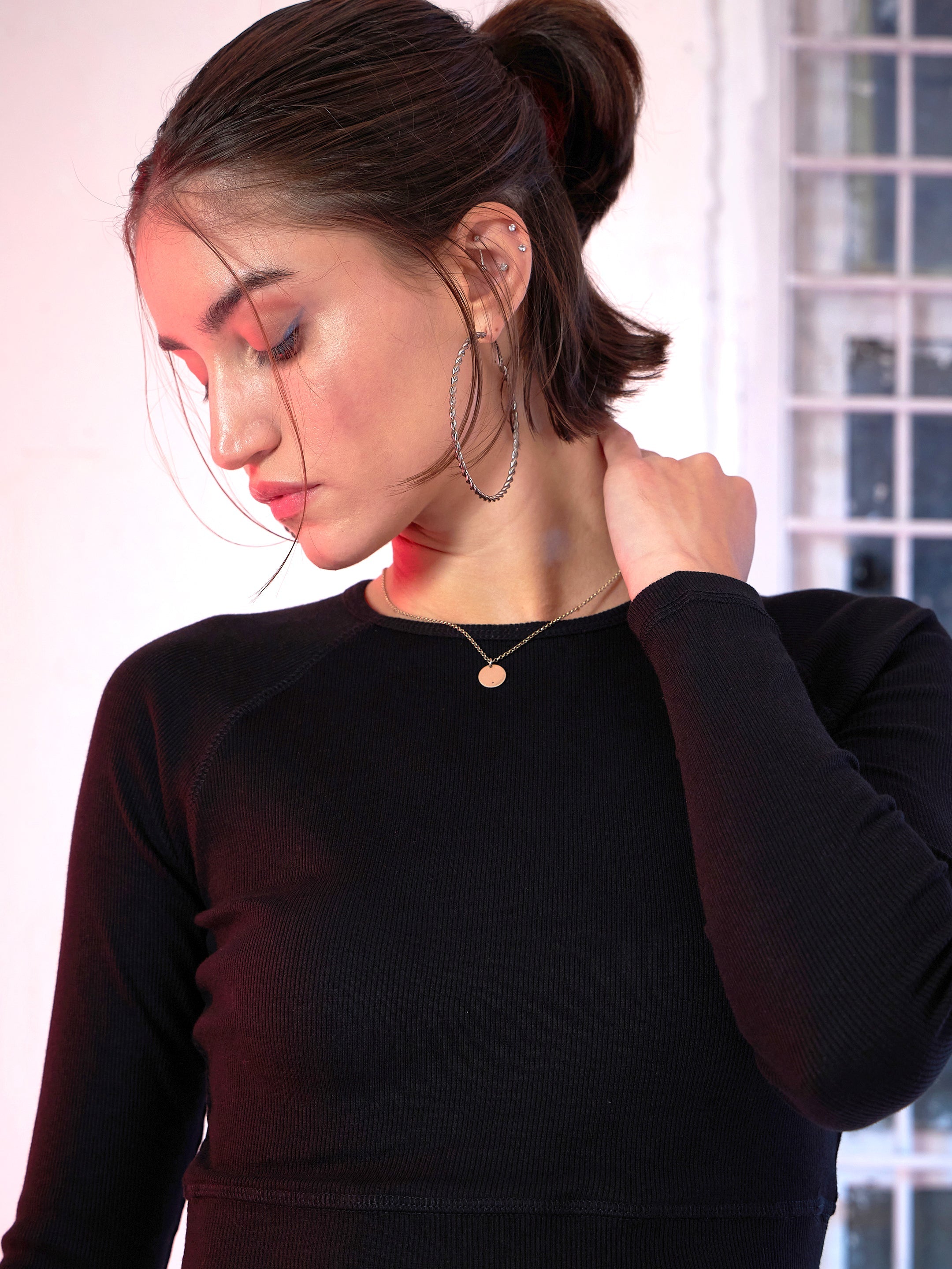 Women Black Rib Full Sleeve  Crop Top