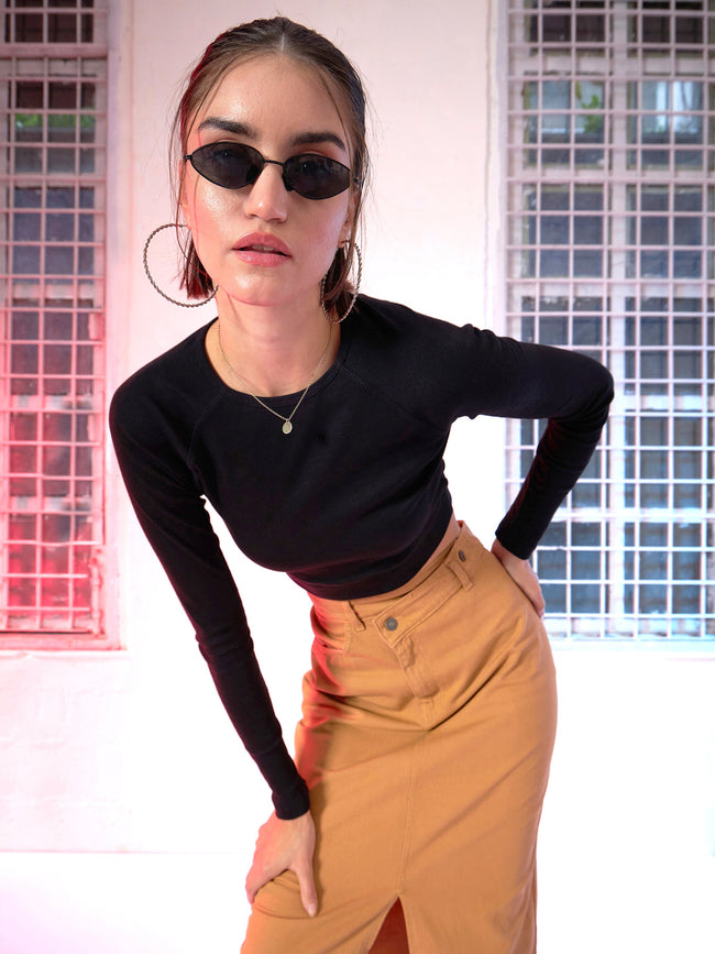 Women Black Rib Full Sleeve  Crop Top
