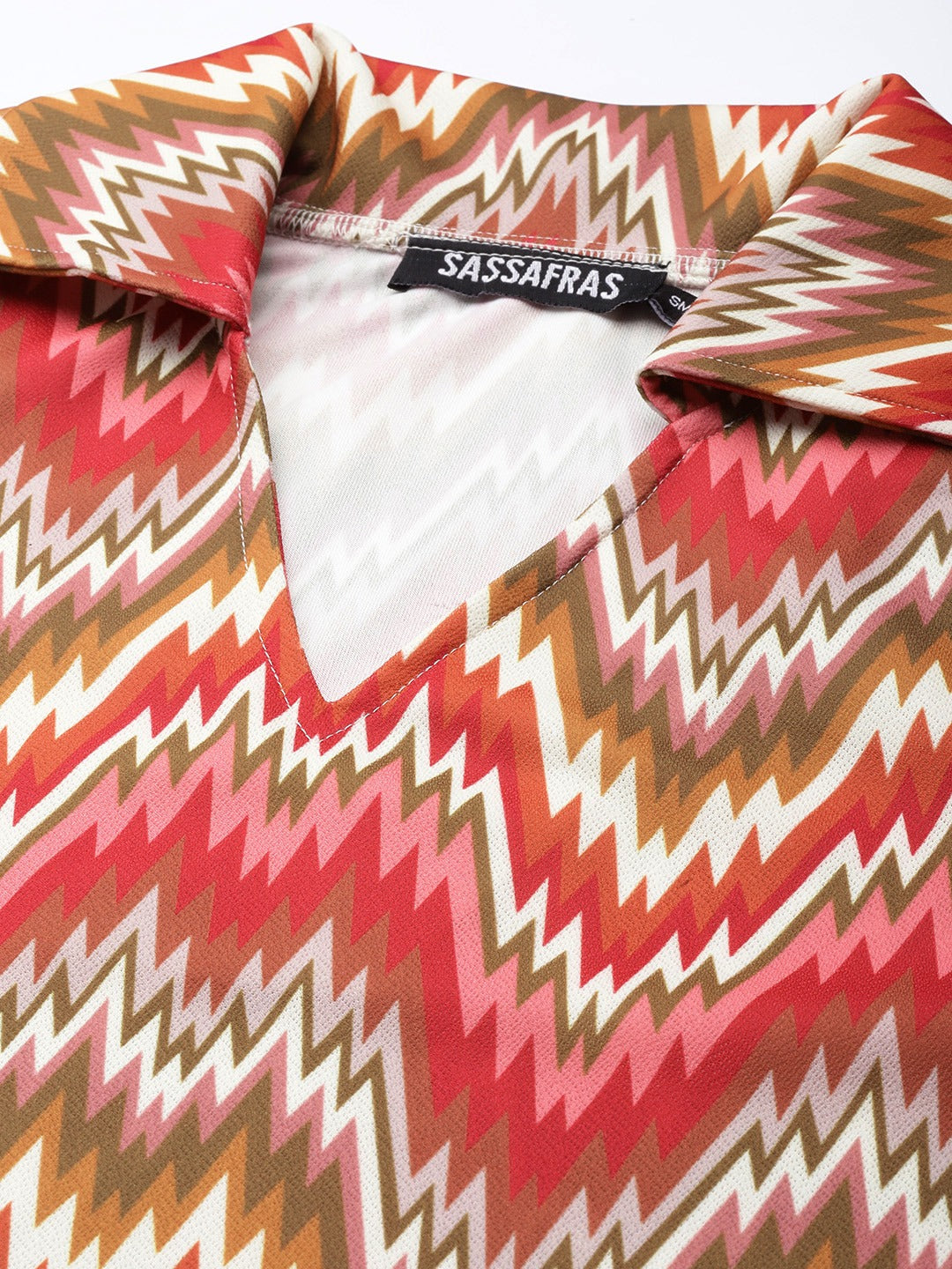 Women Rust Chevron Bell Sleeves Collar Top