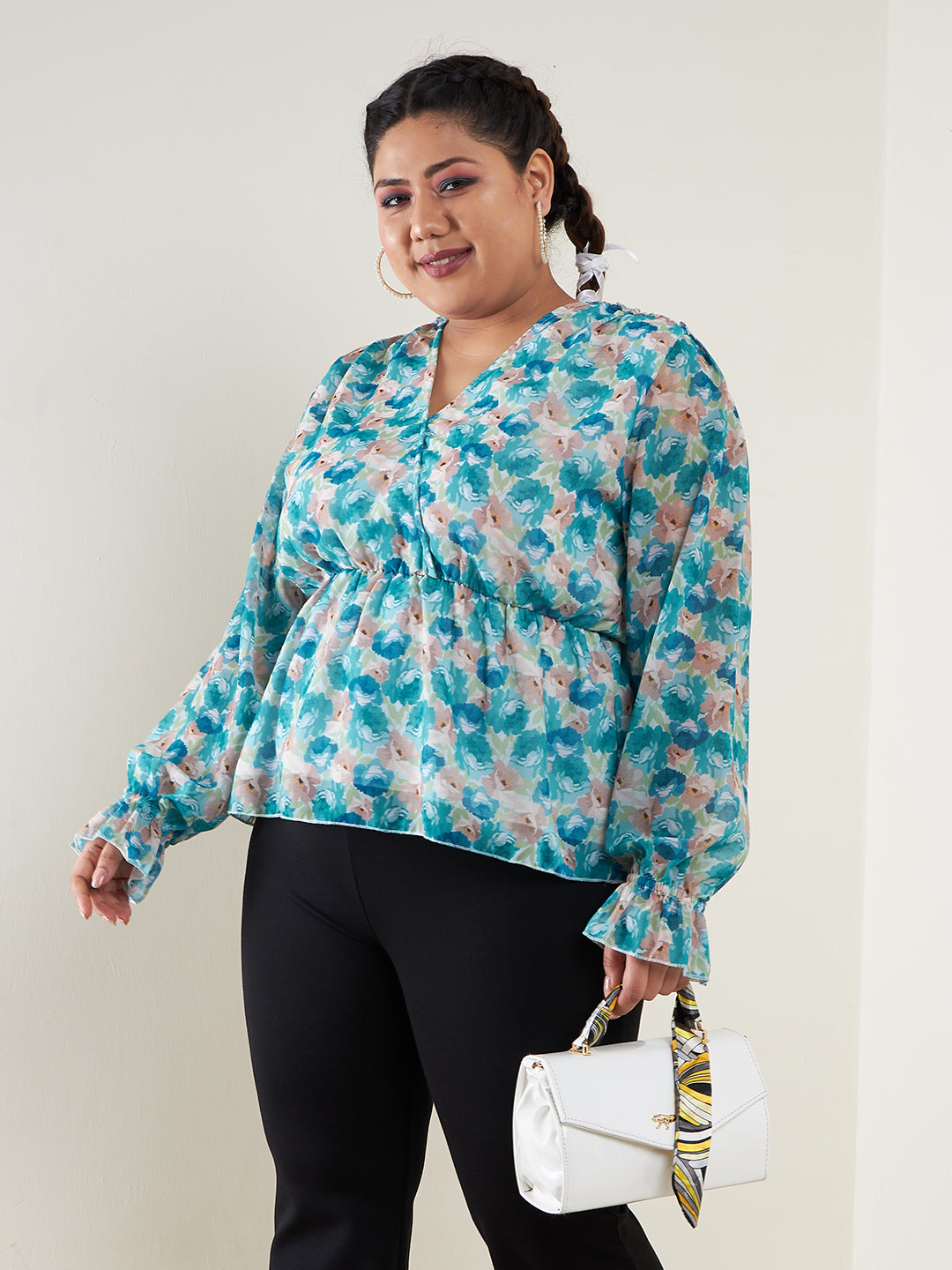 Teal Floral Printed Top-SASSAFRAS Curve