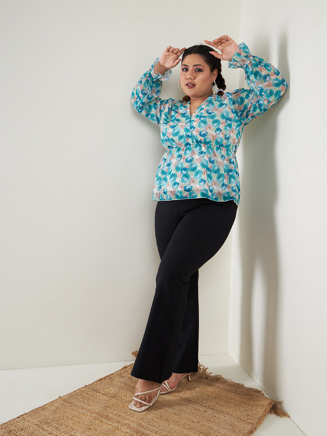 Teal Floral Printed Top-SASSAFRAS Curve