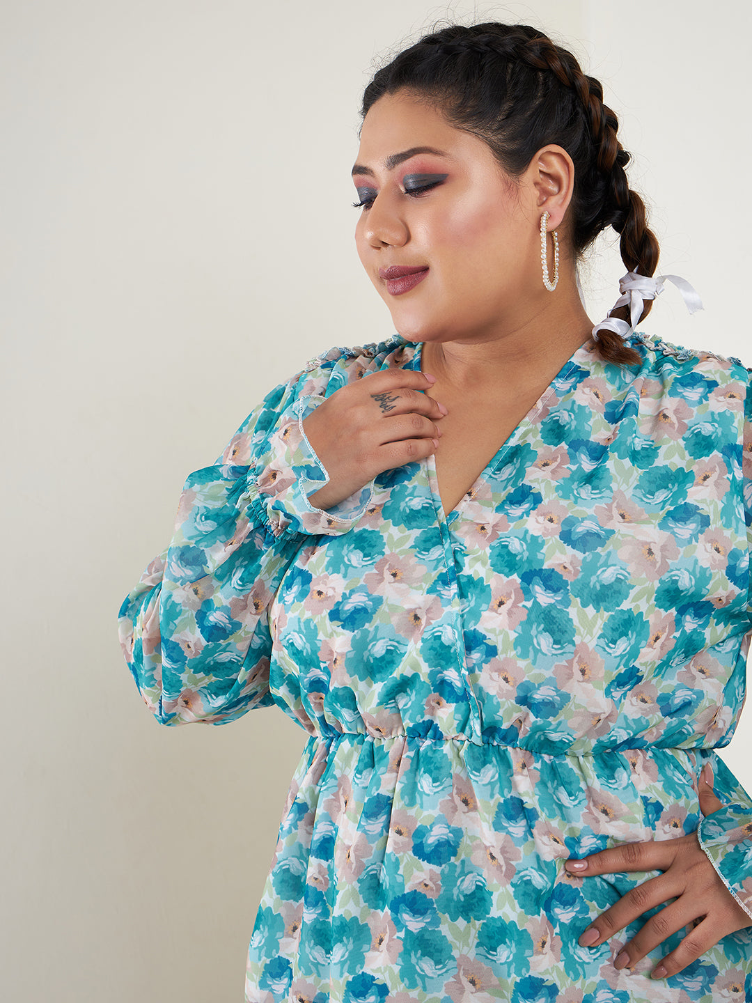 Teal Floral Printed Top-SASSAFRAS Curve