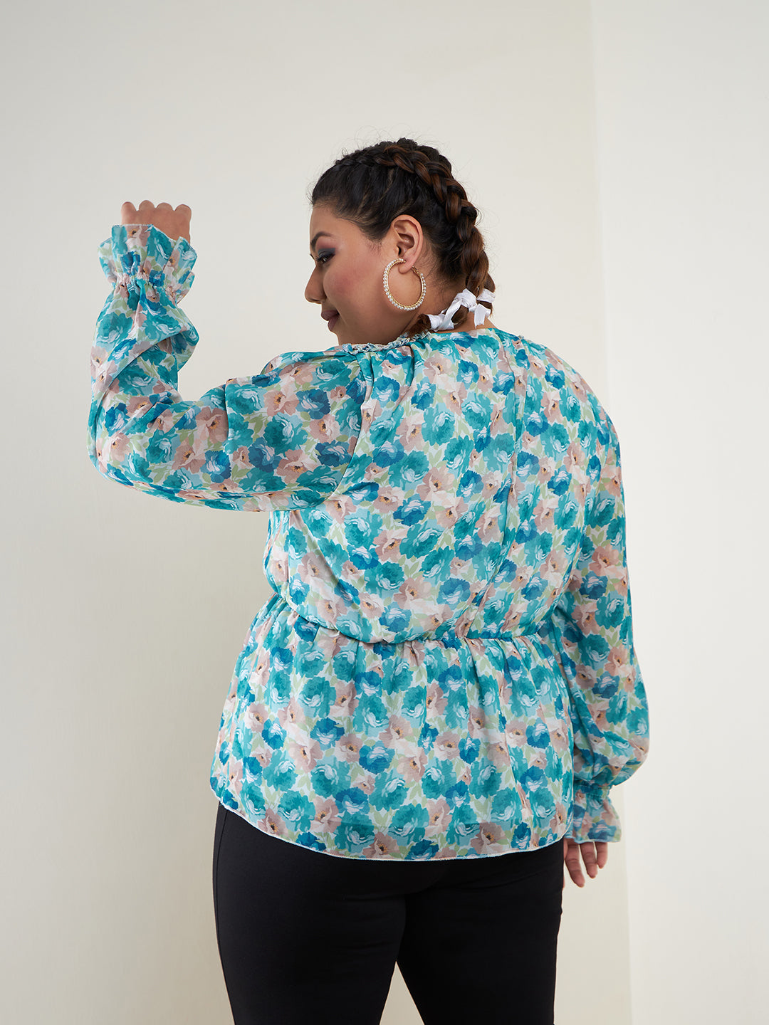 Teal Floral Printed Top-SASSAFRAS Curve