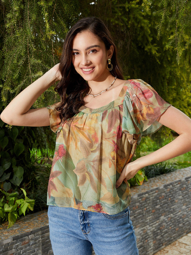 Women Green Jungle Printed Top