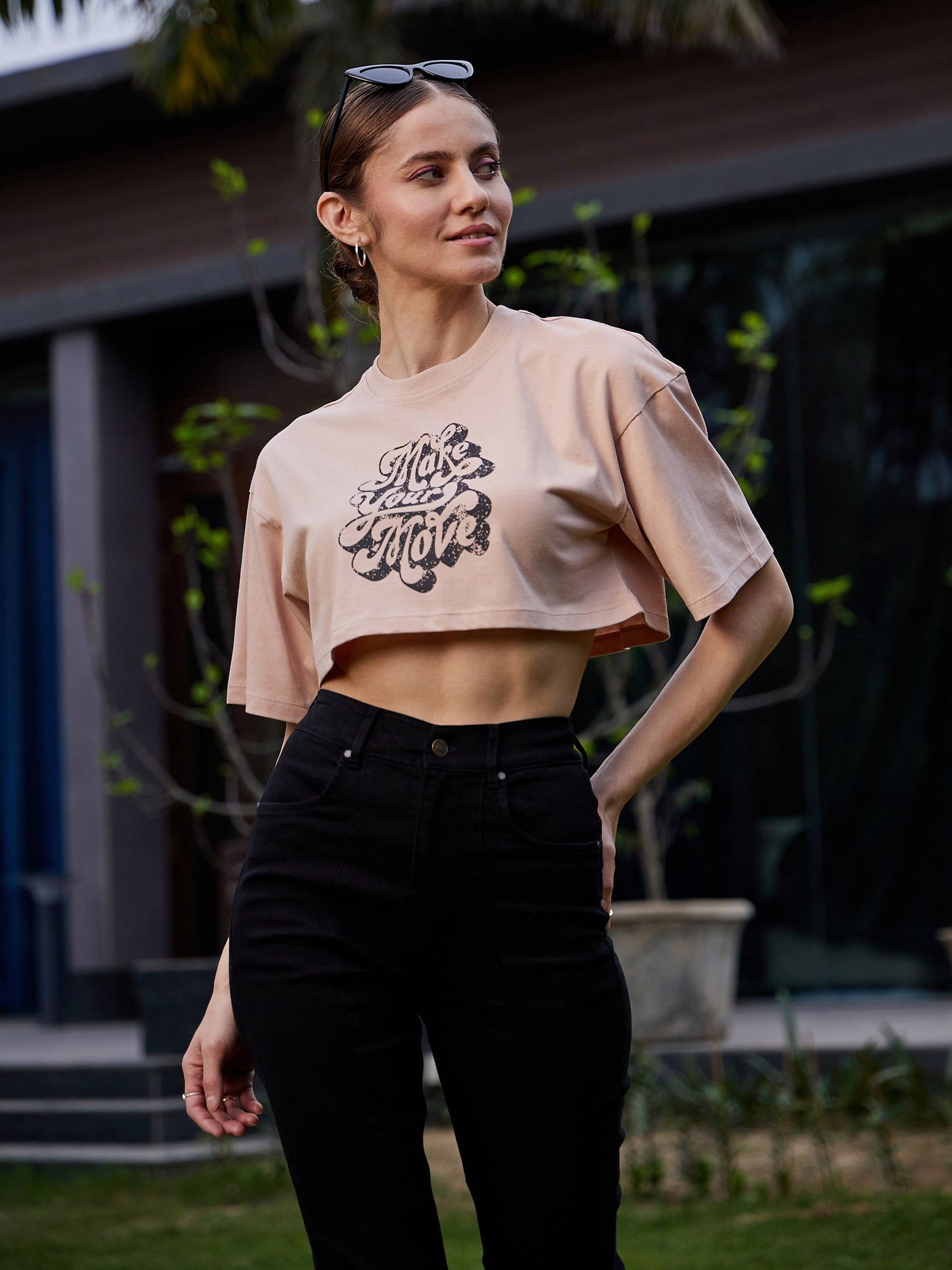 Women Nude MAKE YOUR MOVE Print Crop T Shirt
