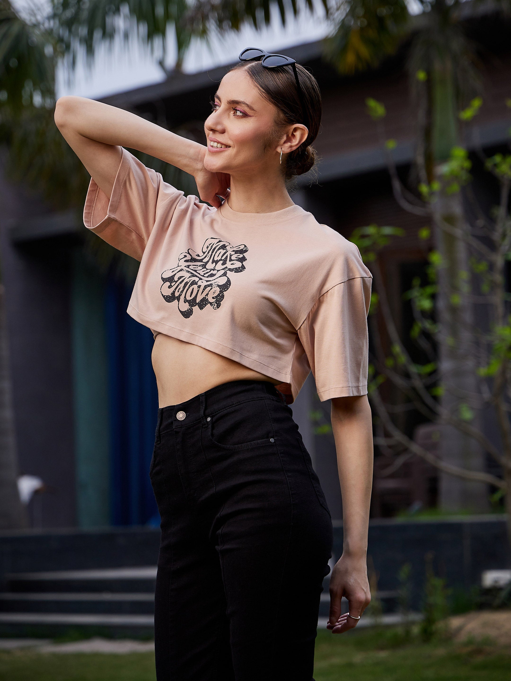 Women Nude MAKE YOUR MOVE Print Crop T Shirt
