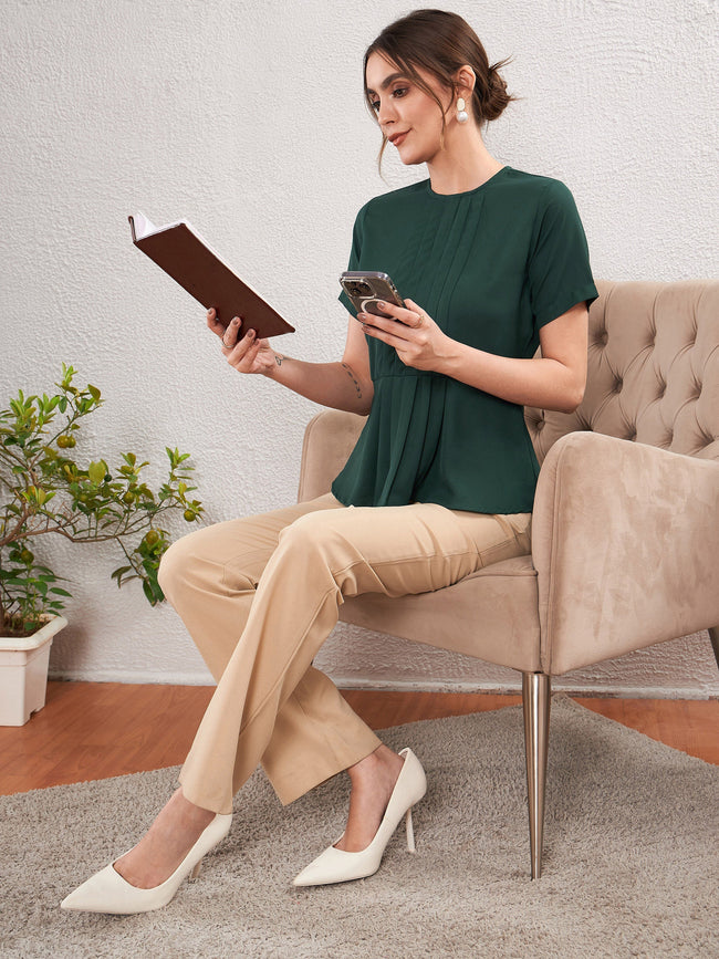 Women Emerald Green Front Pleated Peplum Top