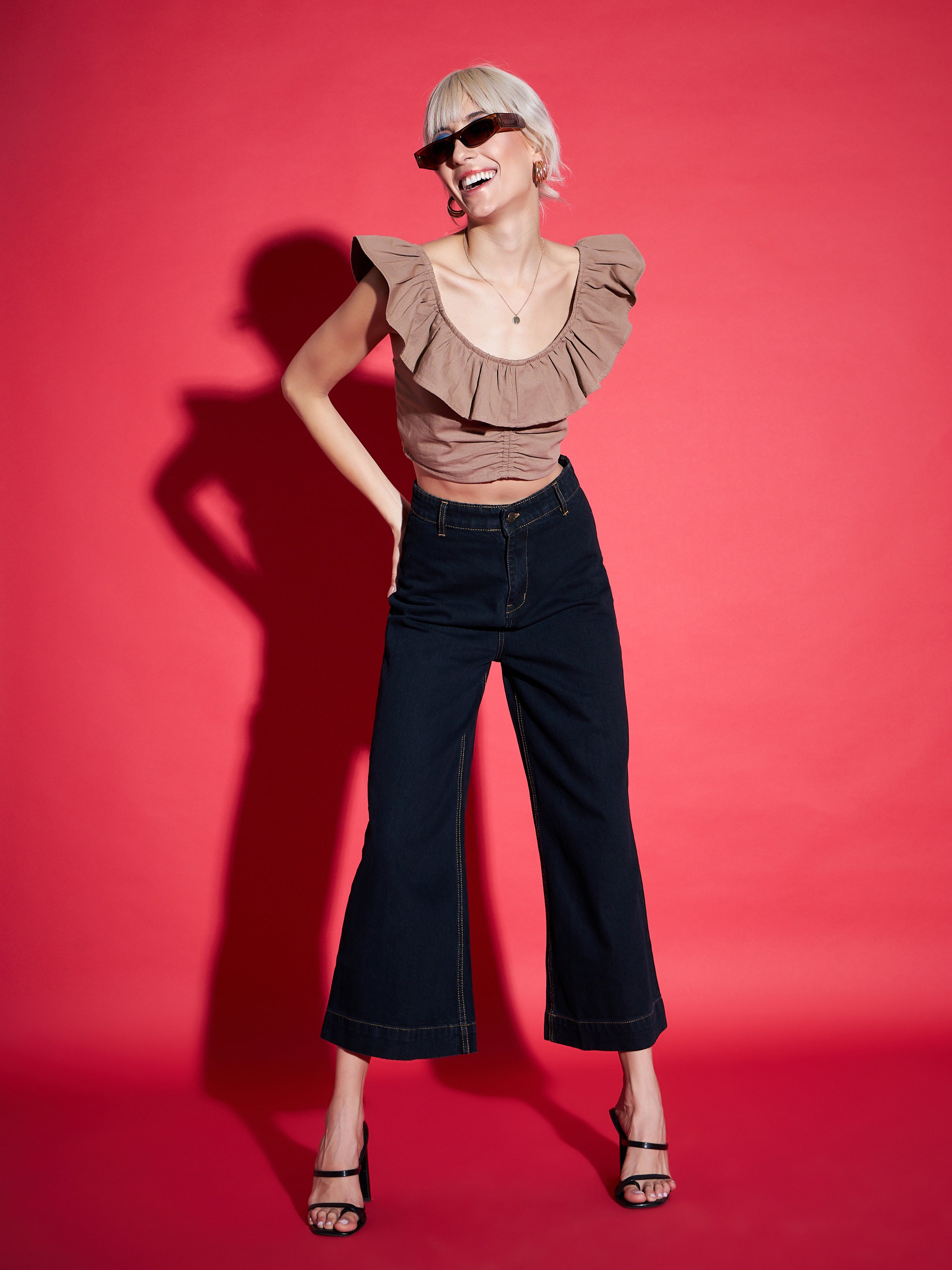 Women Brown Twill Ruffle Crop Top