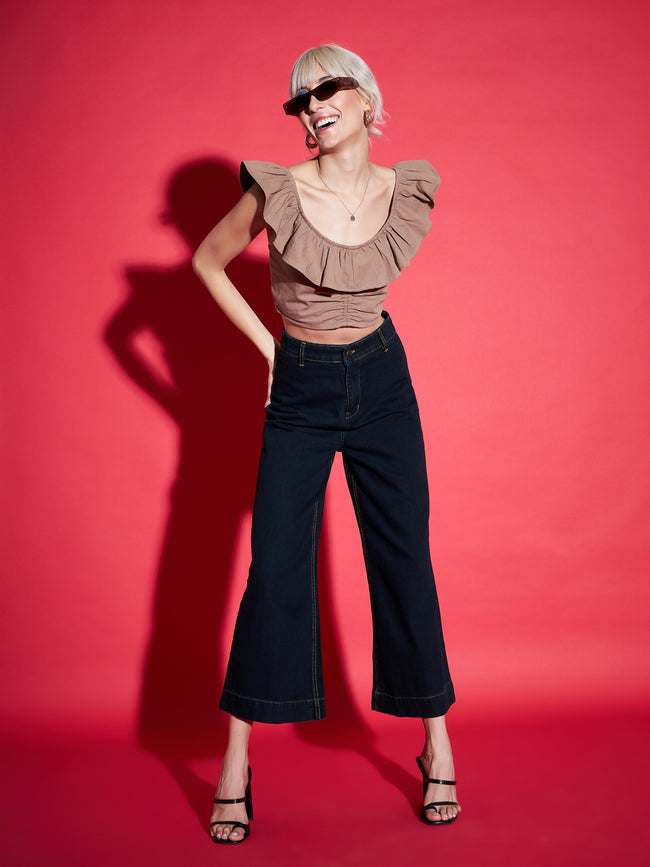 Women Brown Twill Ruffle Crop Top