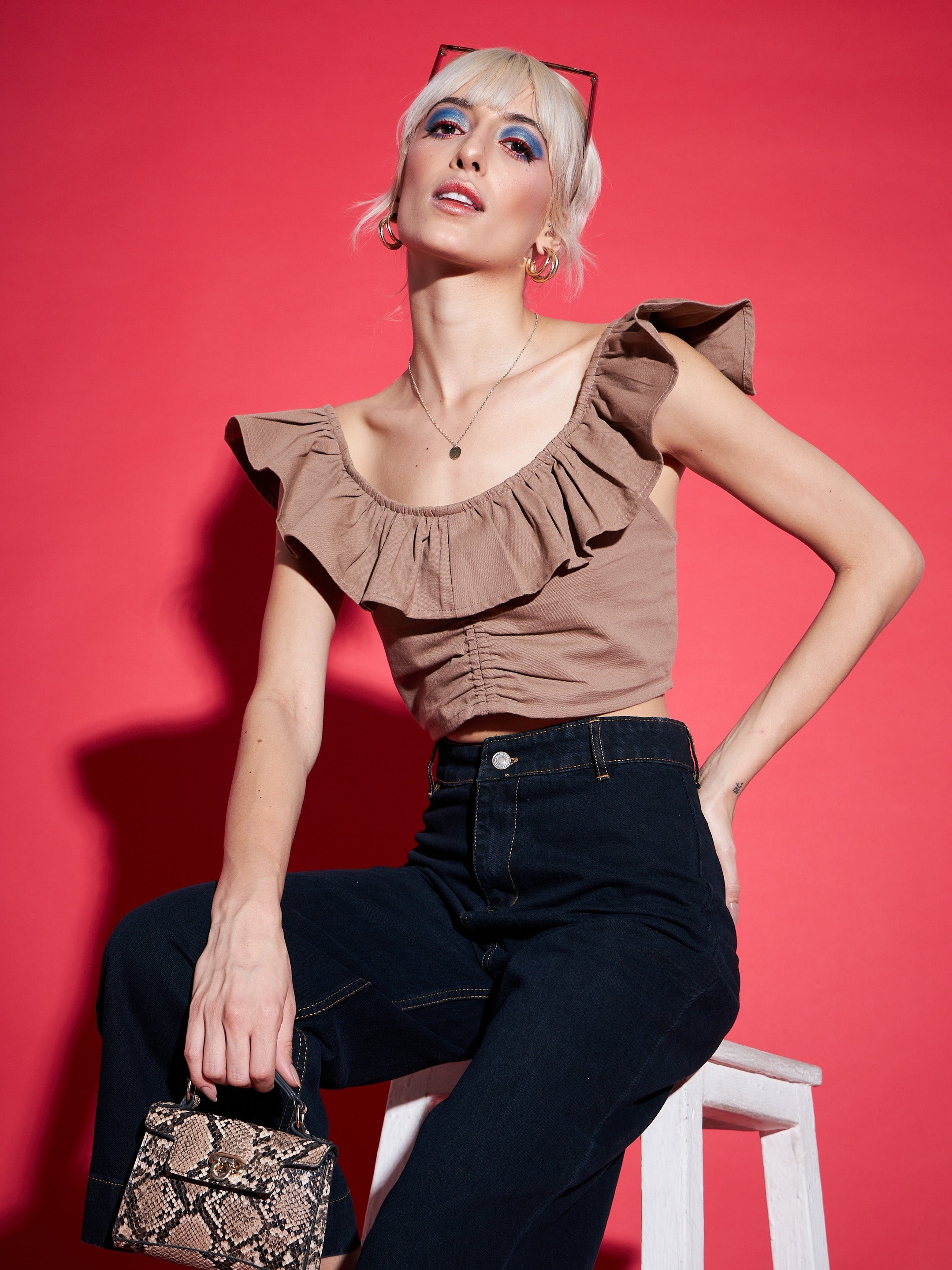 Women Brown Twill Ruffle Crop Top