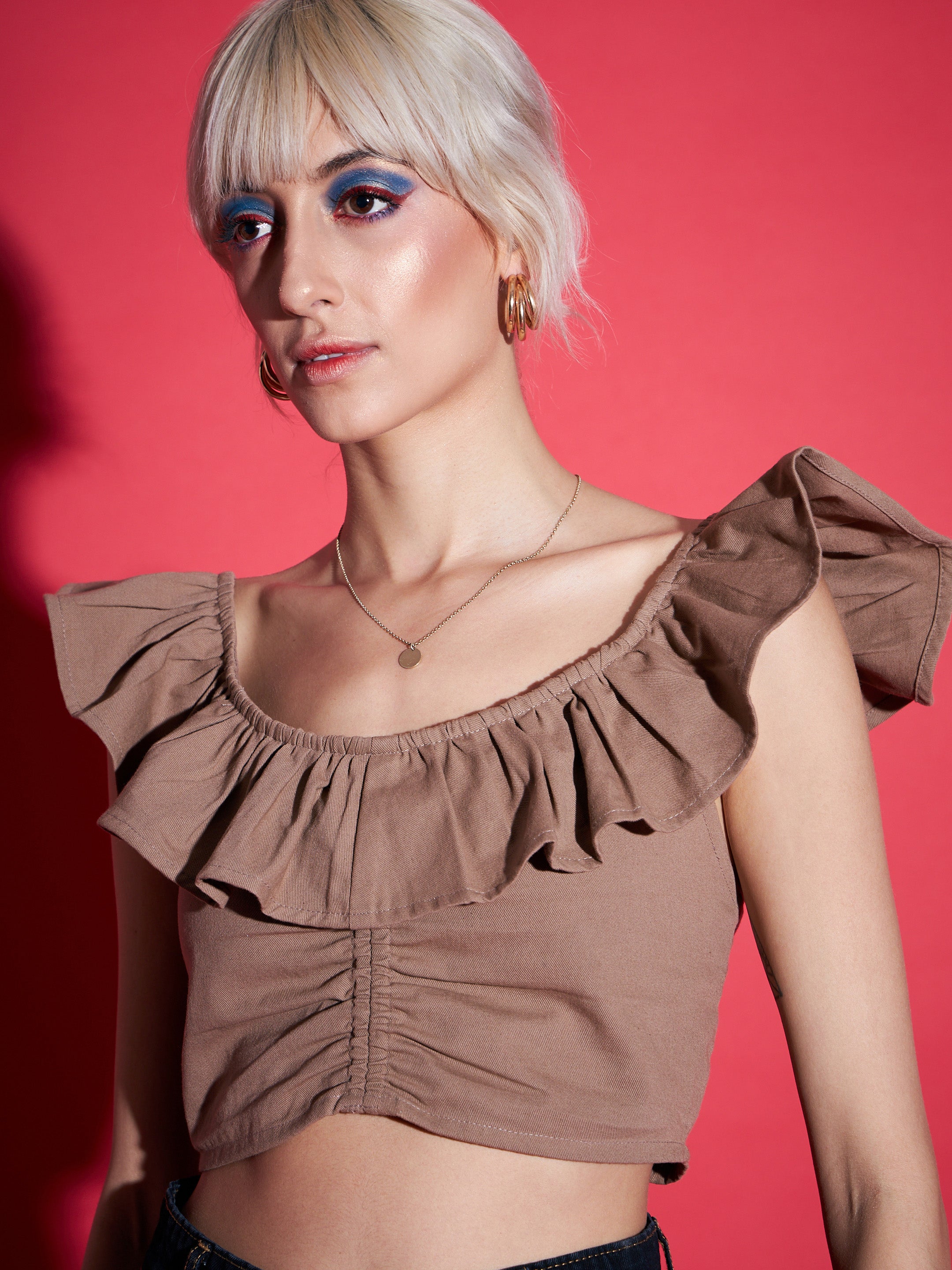 Women Brown Twill Ruffle Crop Top