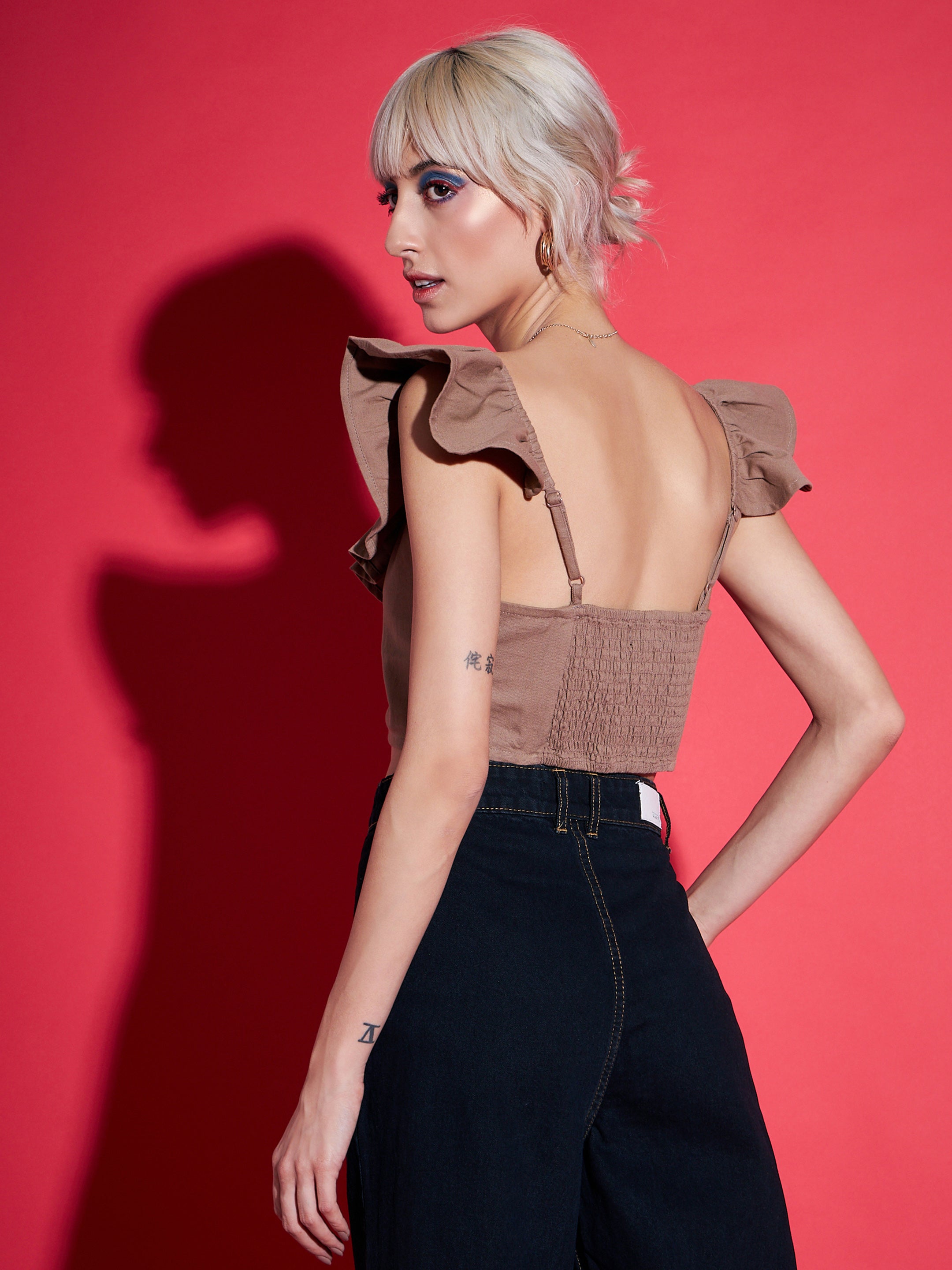 Women Brown Twill Ruffle Crop Top