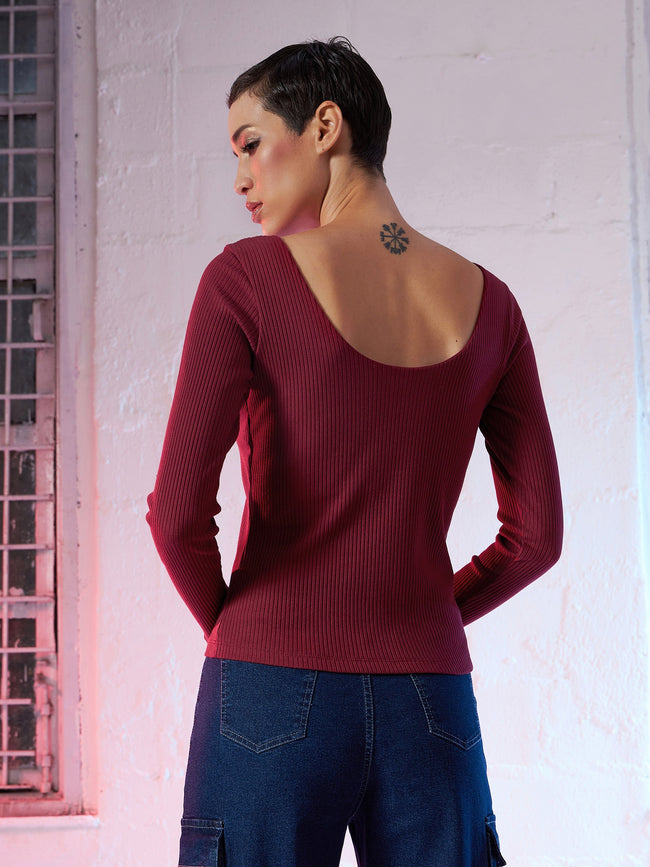 Women Maroon  Rib Top