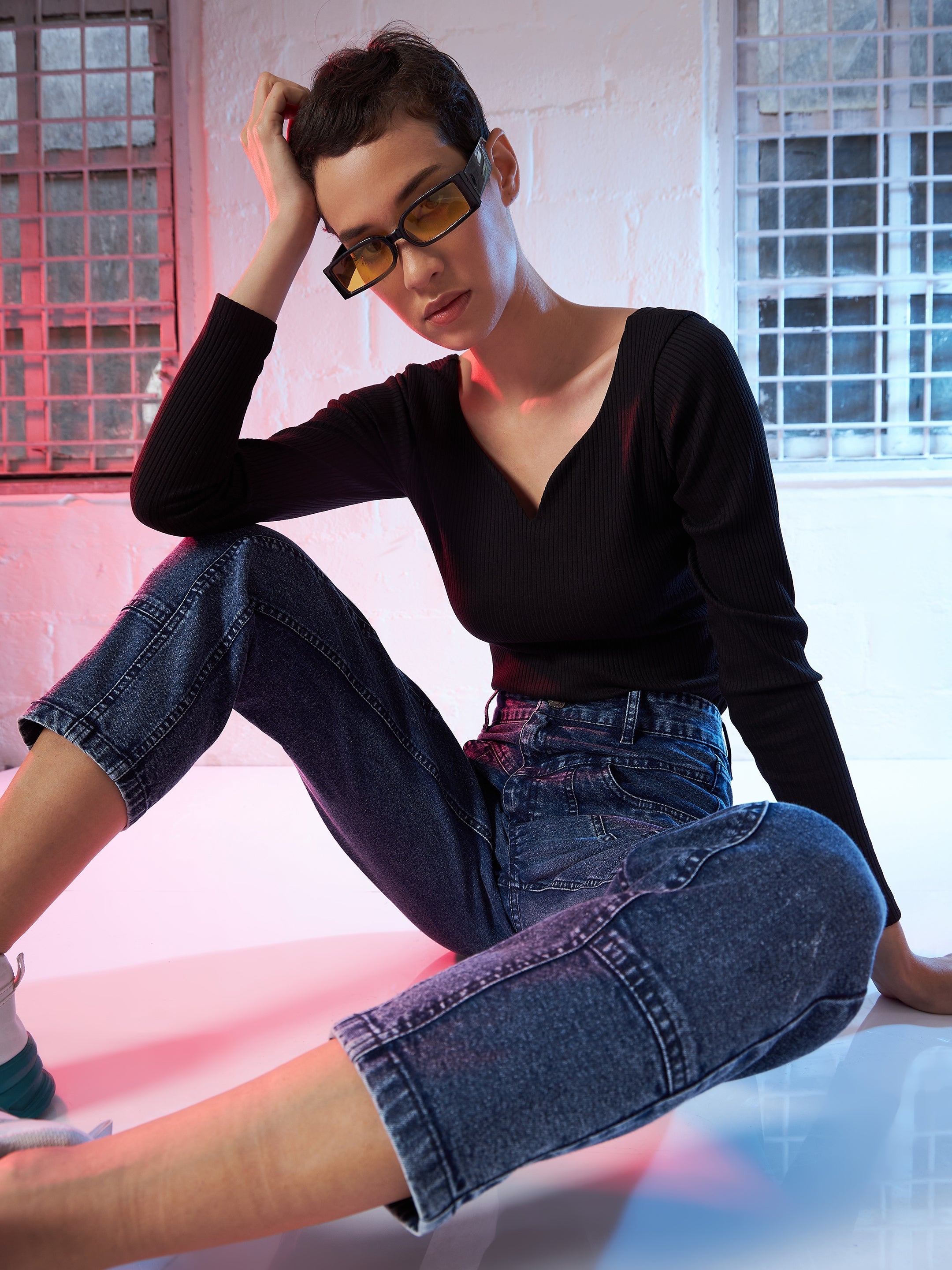 Women Black  Rib Top