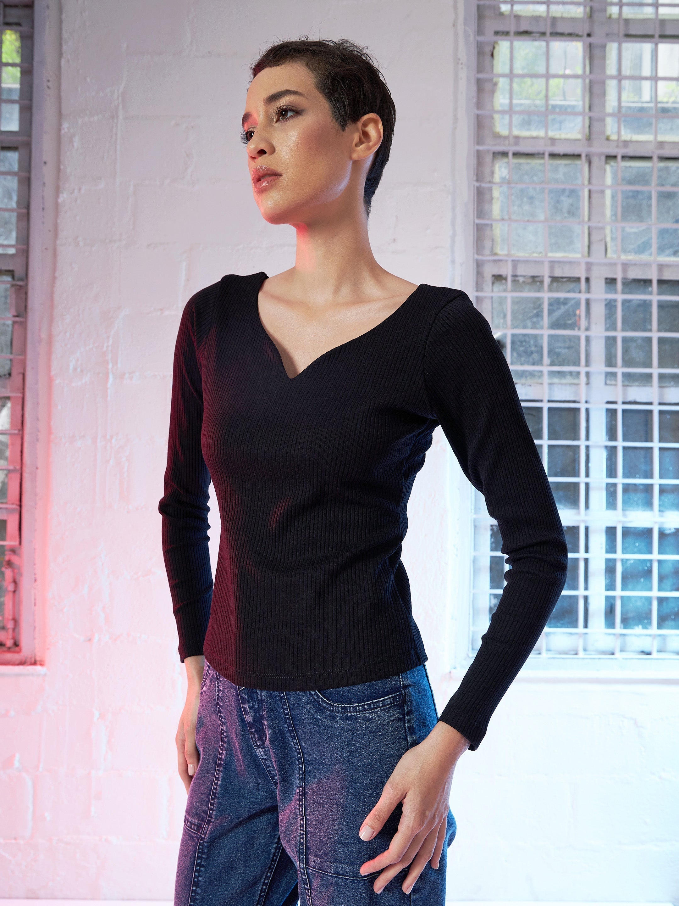 Women Black  Rib Top
