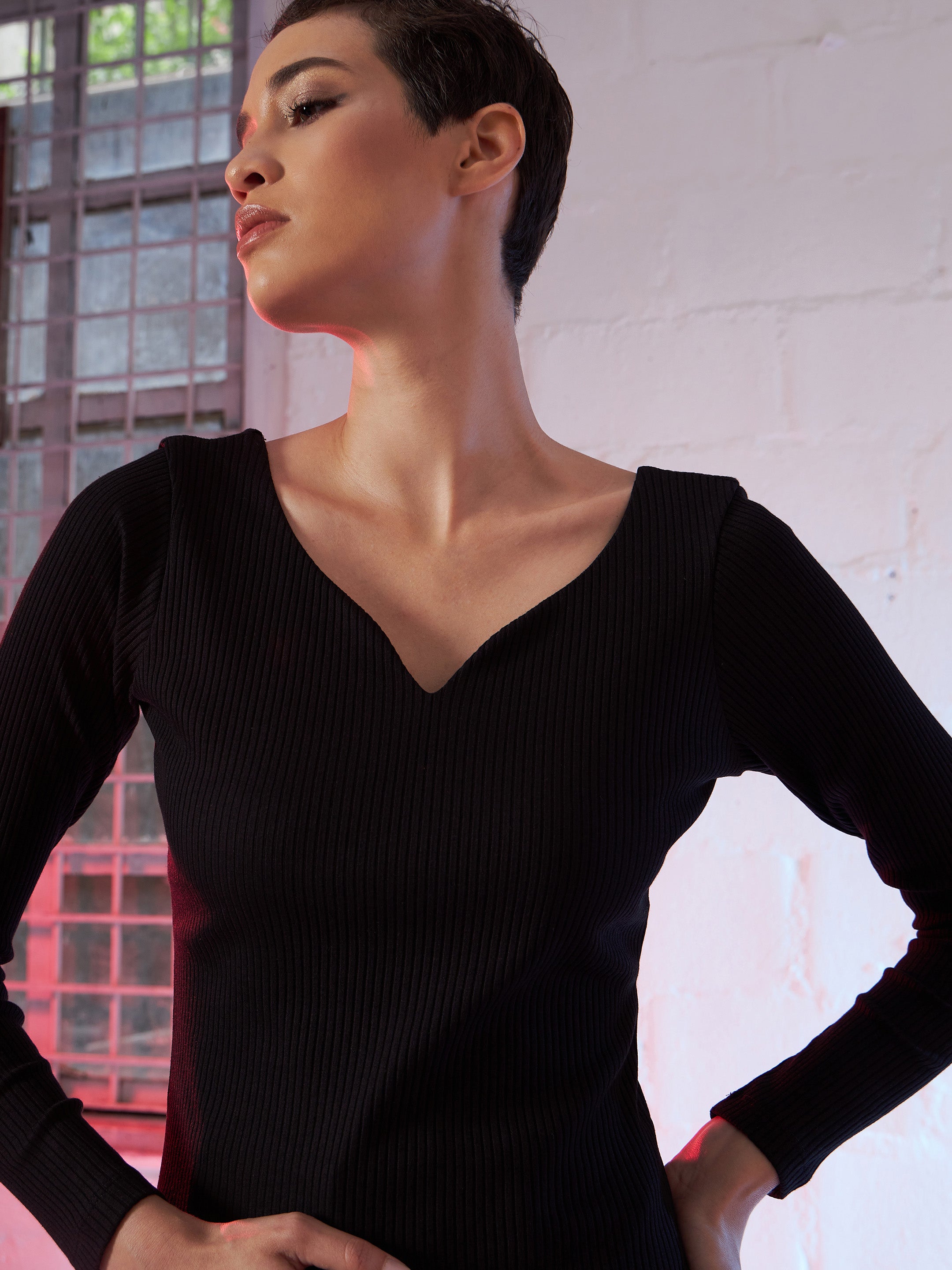 Women Black  Rib Top