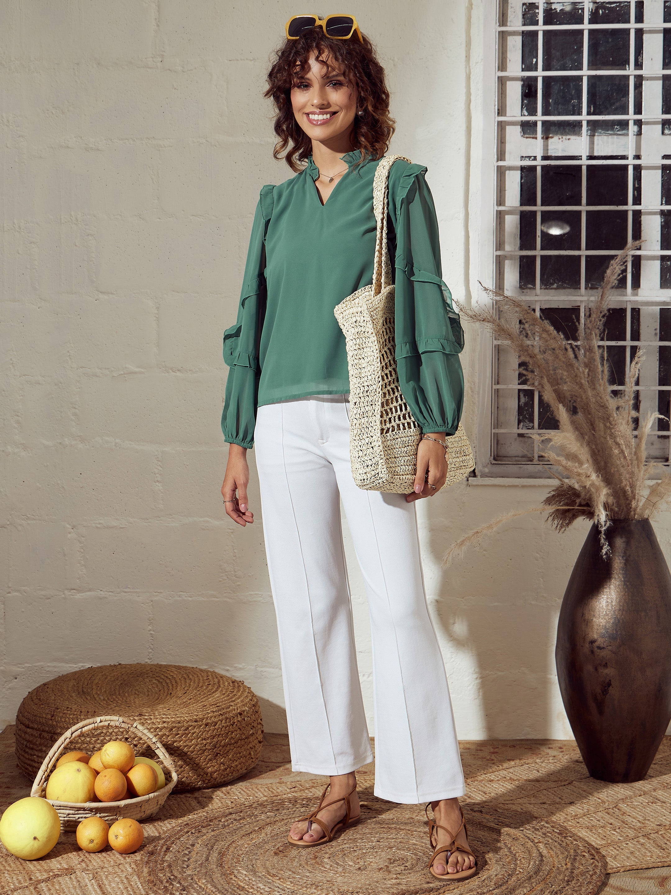 Women Sea Green Ruffle Detail Top