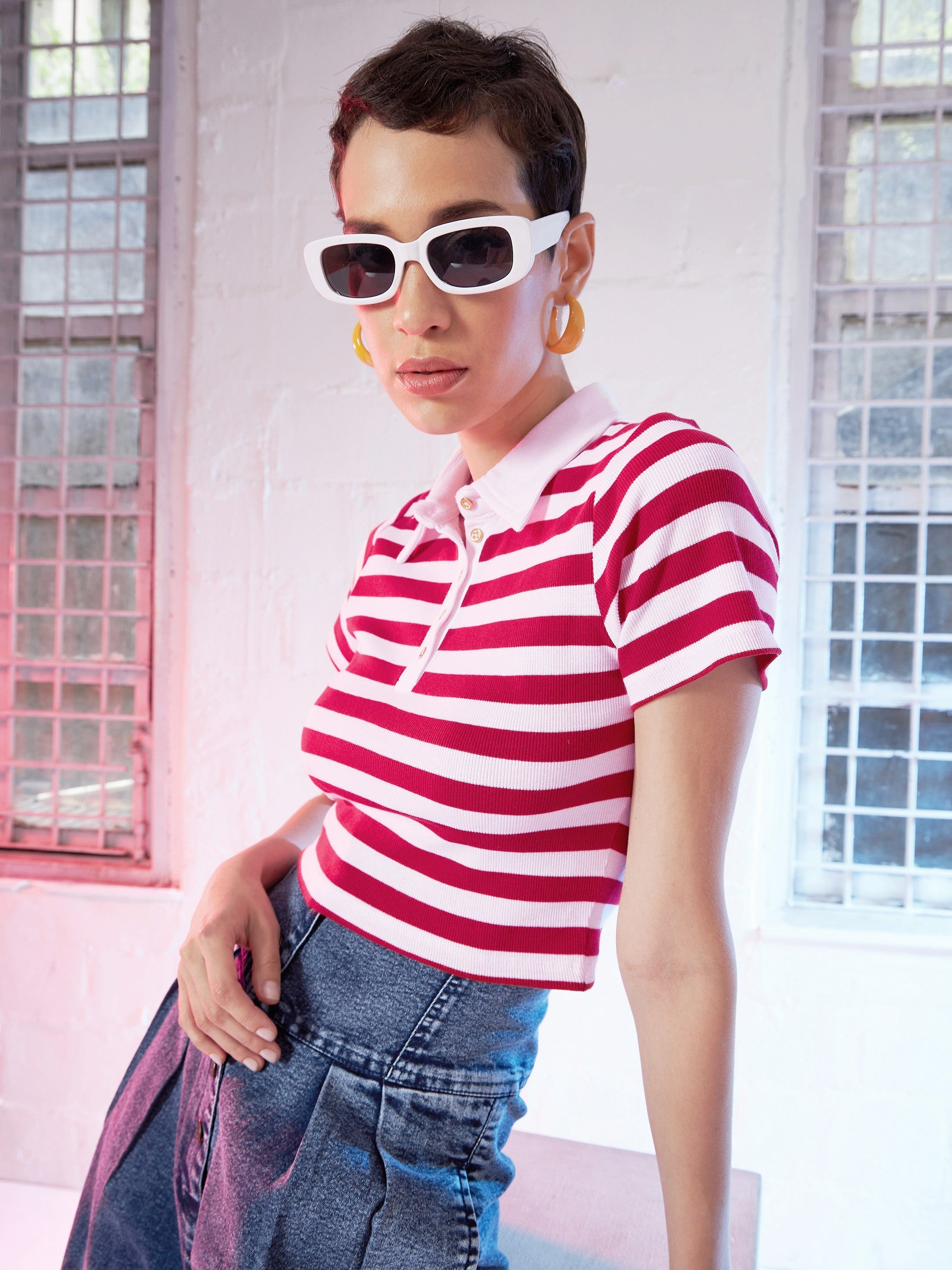 Women Red & Pink Striped Crop Polo T-Shirt