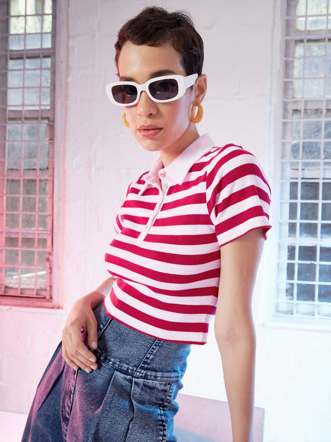Women Red & Pink Striped Crop Polo T-Shirt