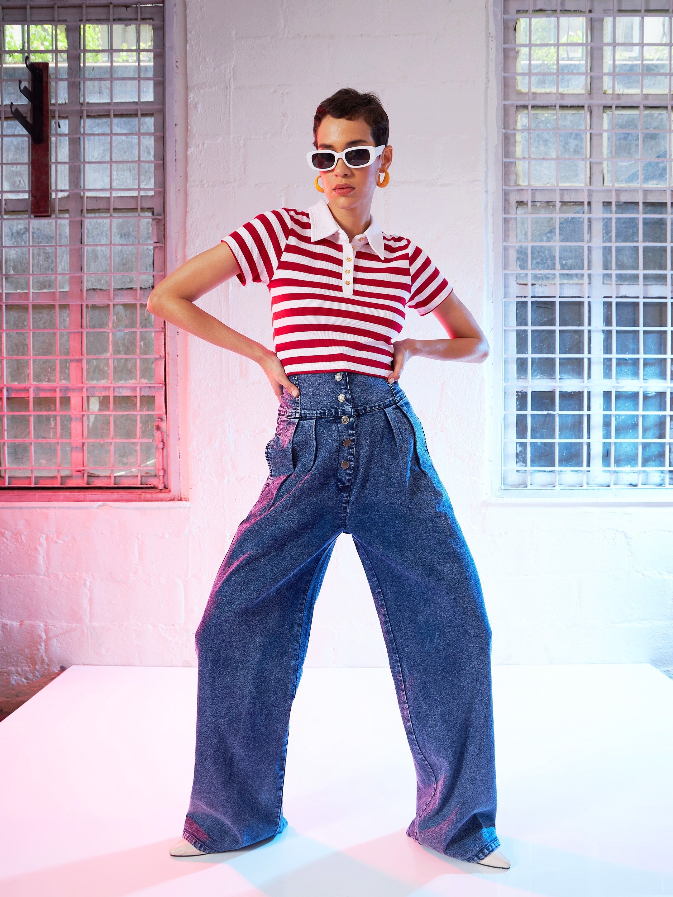 Women Red & Pink Striped Crop Polo T-Shirt