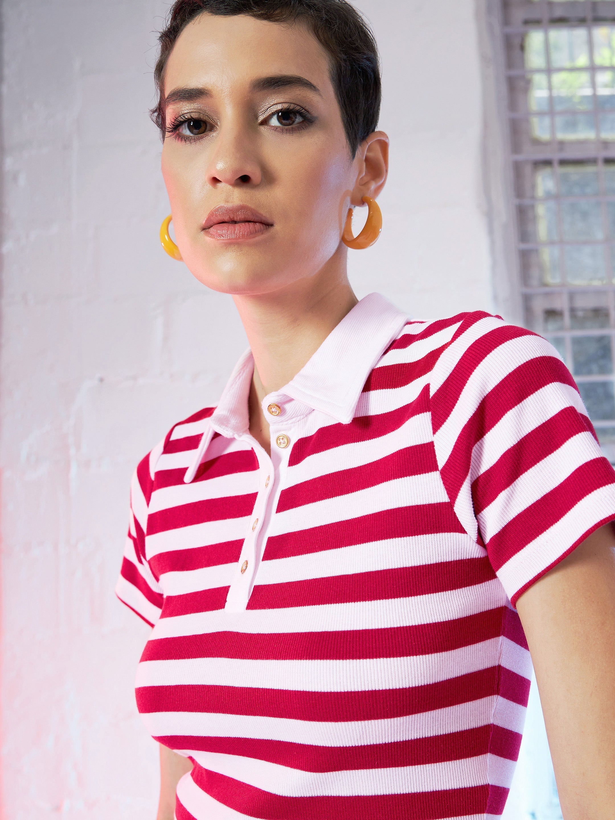 Women Red & Pink Striped Crop Polo T-Shirt