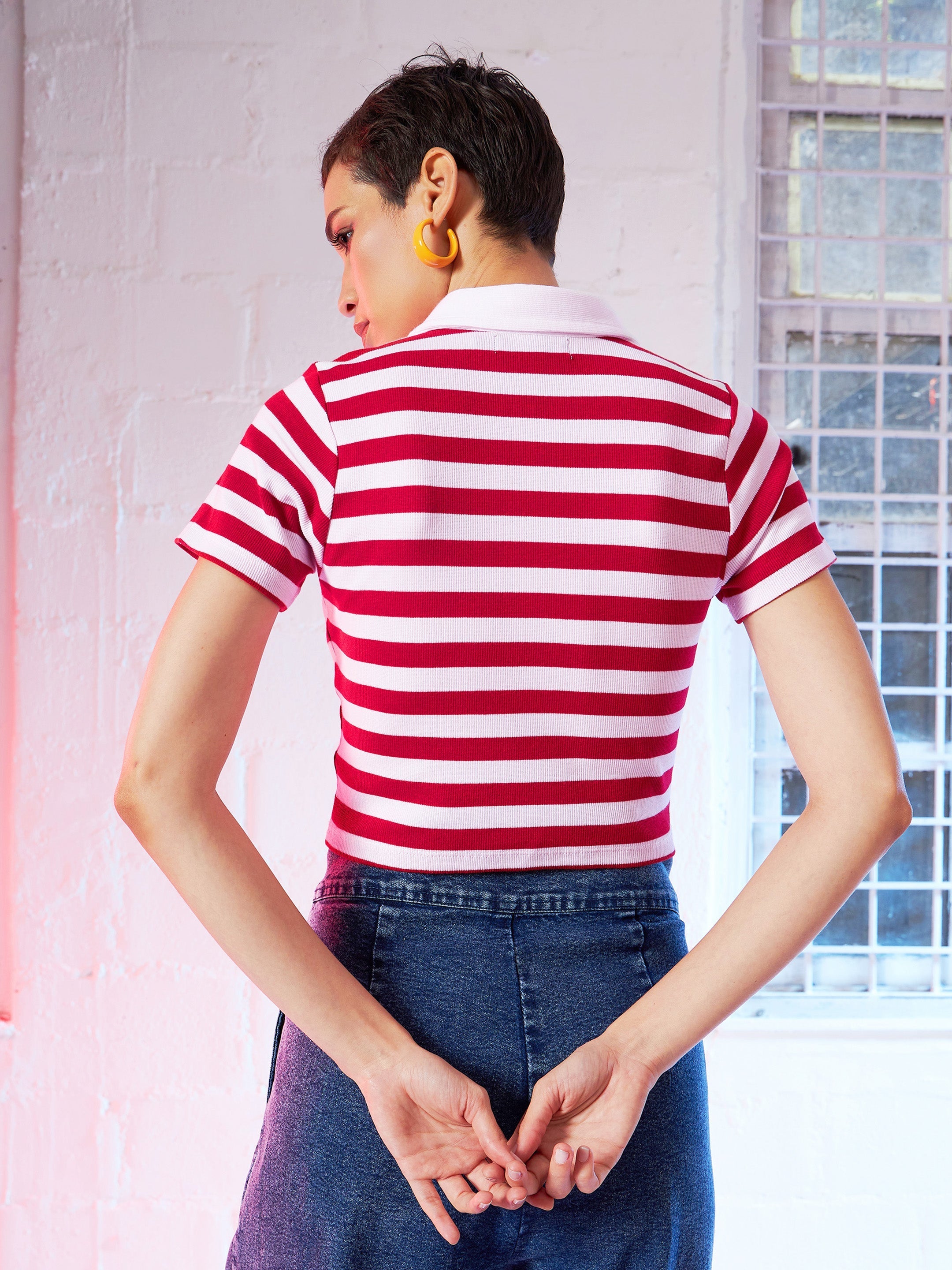 Women Red & Pink Striped Crop Polo T-Shirt
