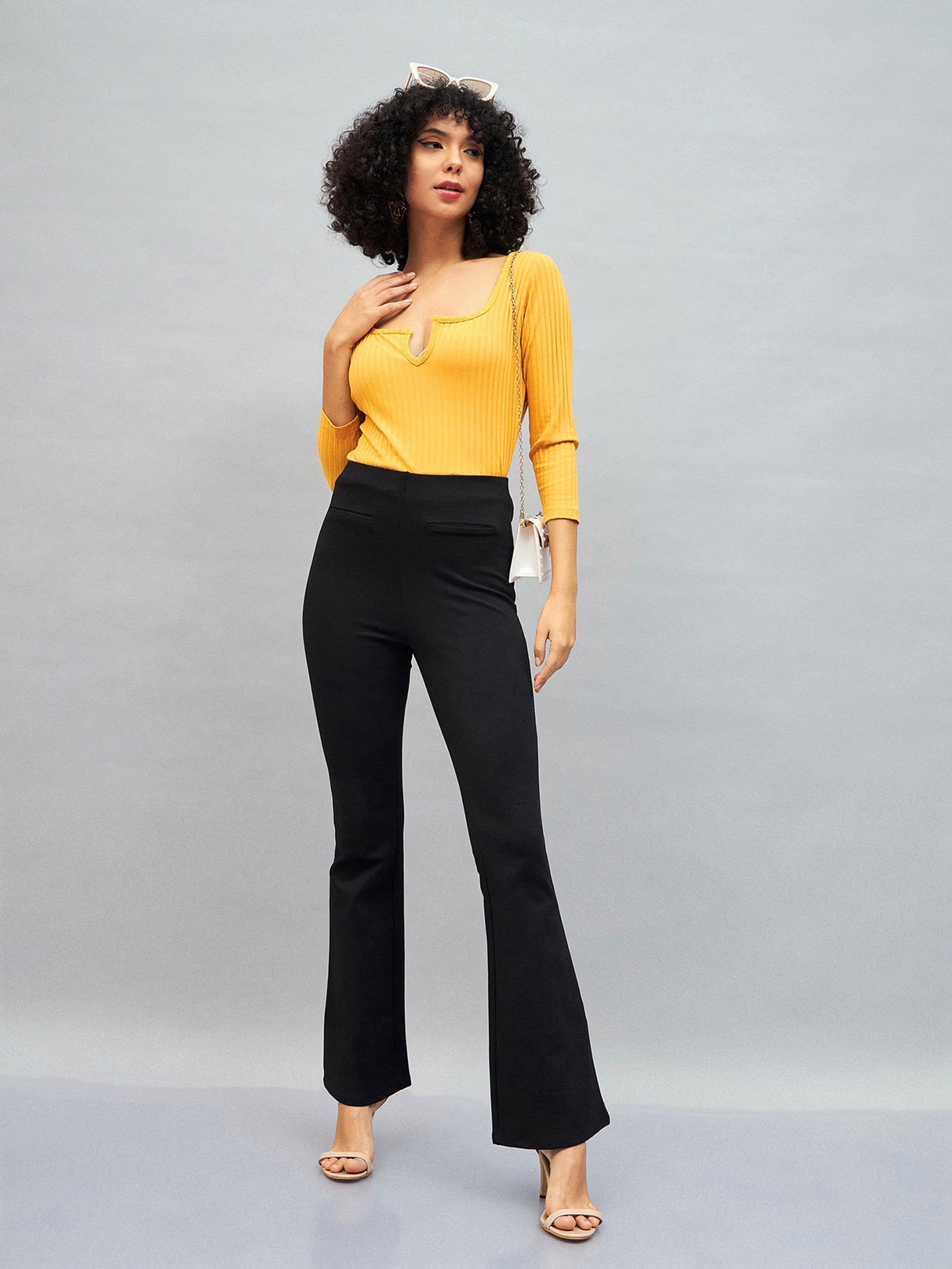 Women Yellow Rib V-Neck Top