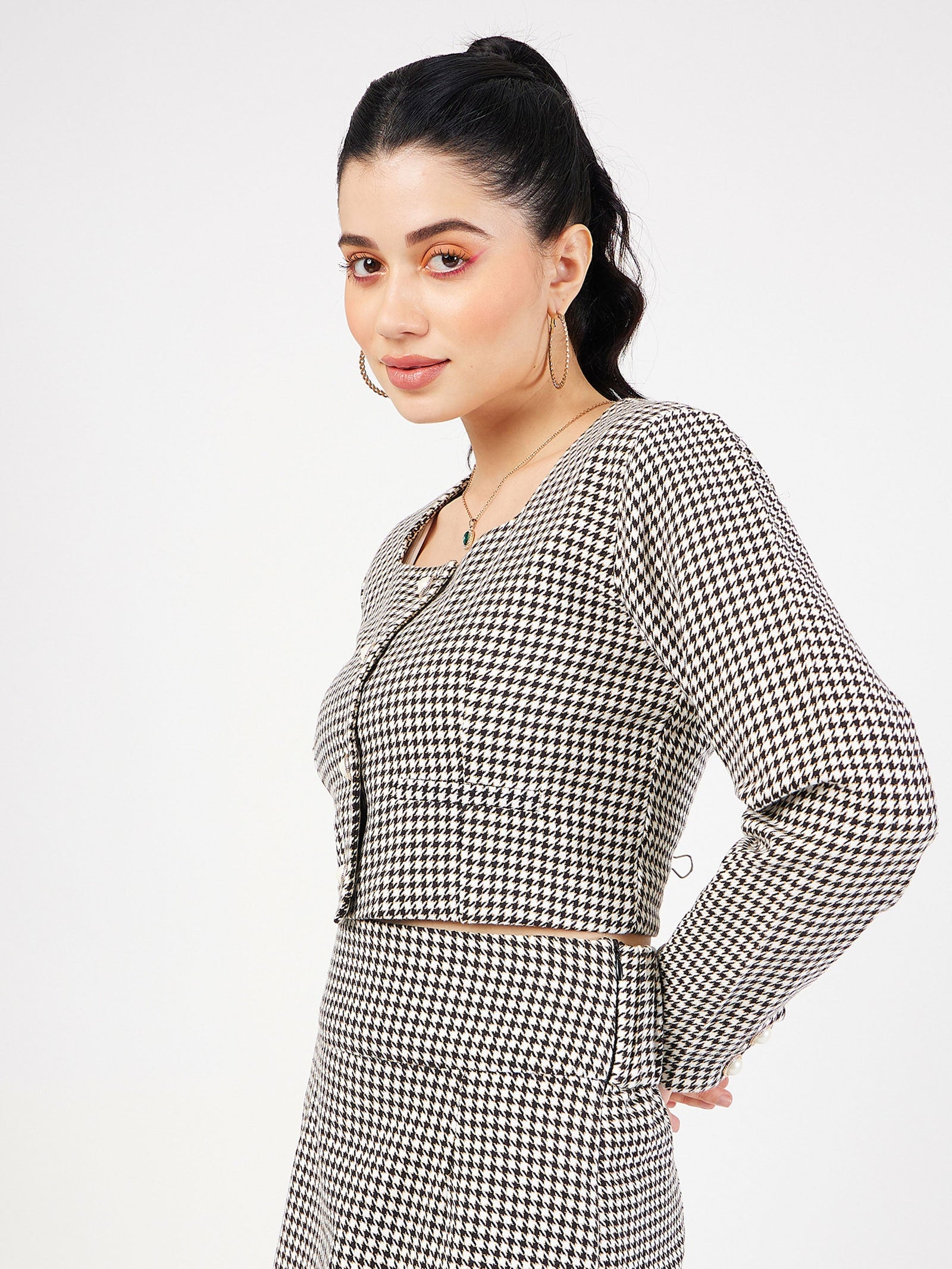 Women Black Houndstooth Tweed Square Neck Top