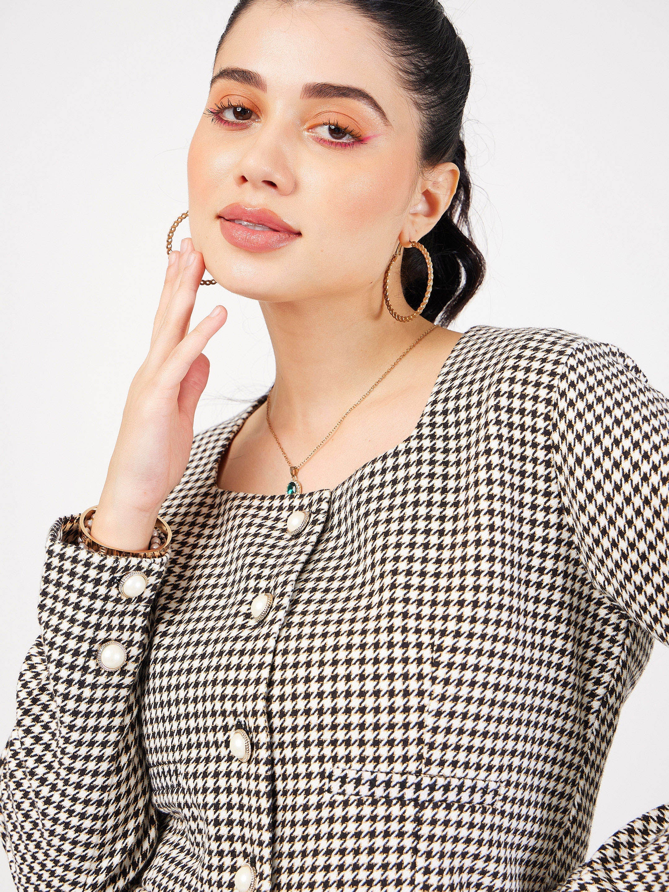 Women Black Houndstooth Tweed Square Neck Top