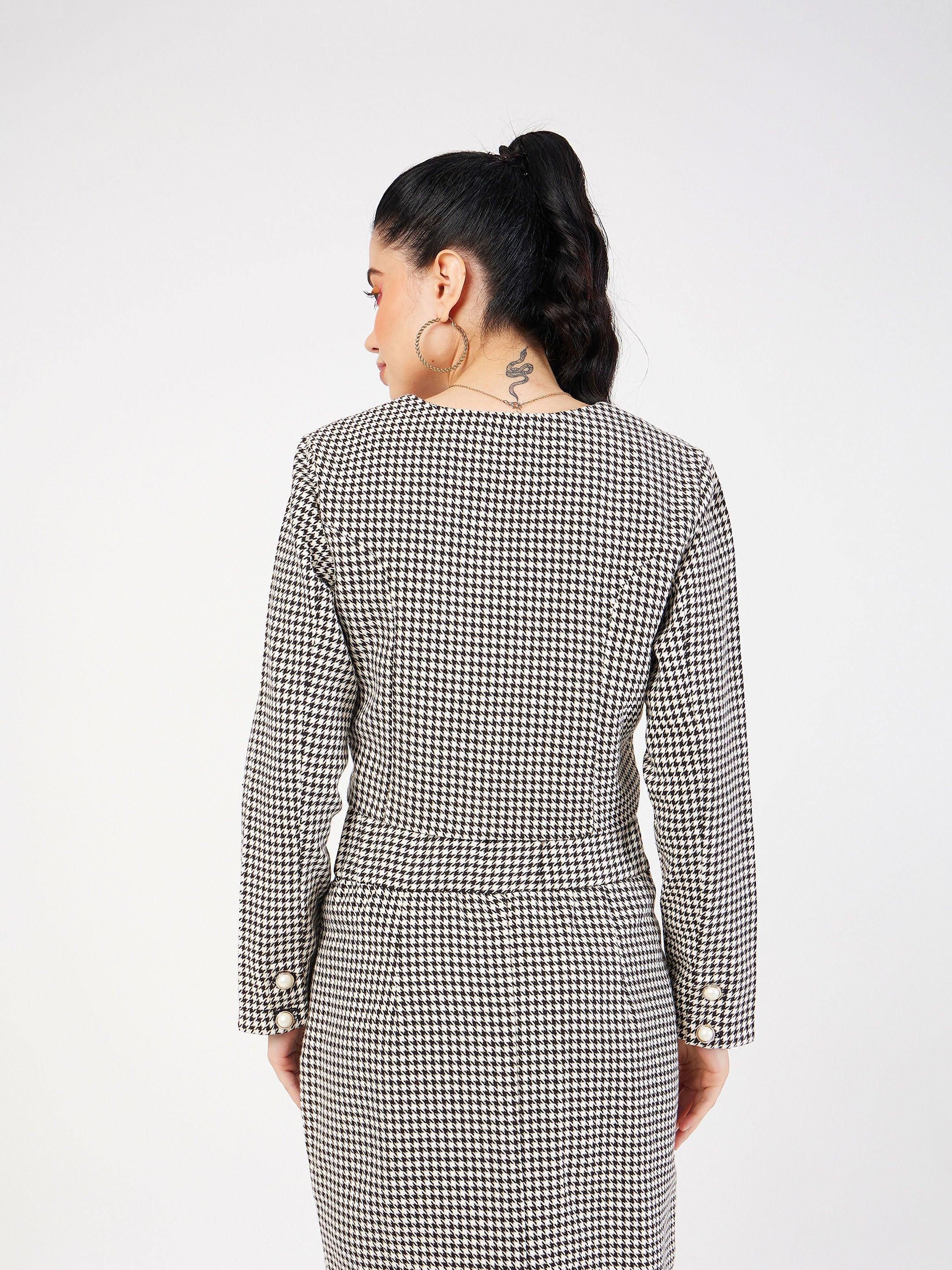 Women Black Houndstooth Tweed Square Neck Top