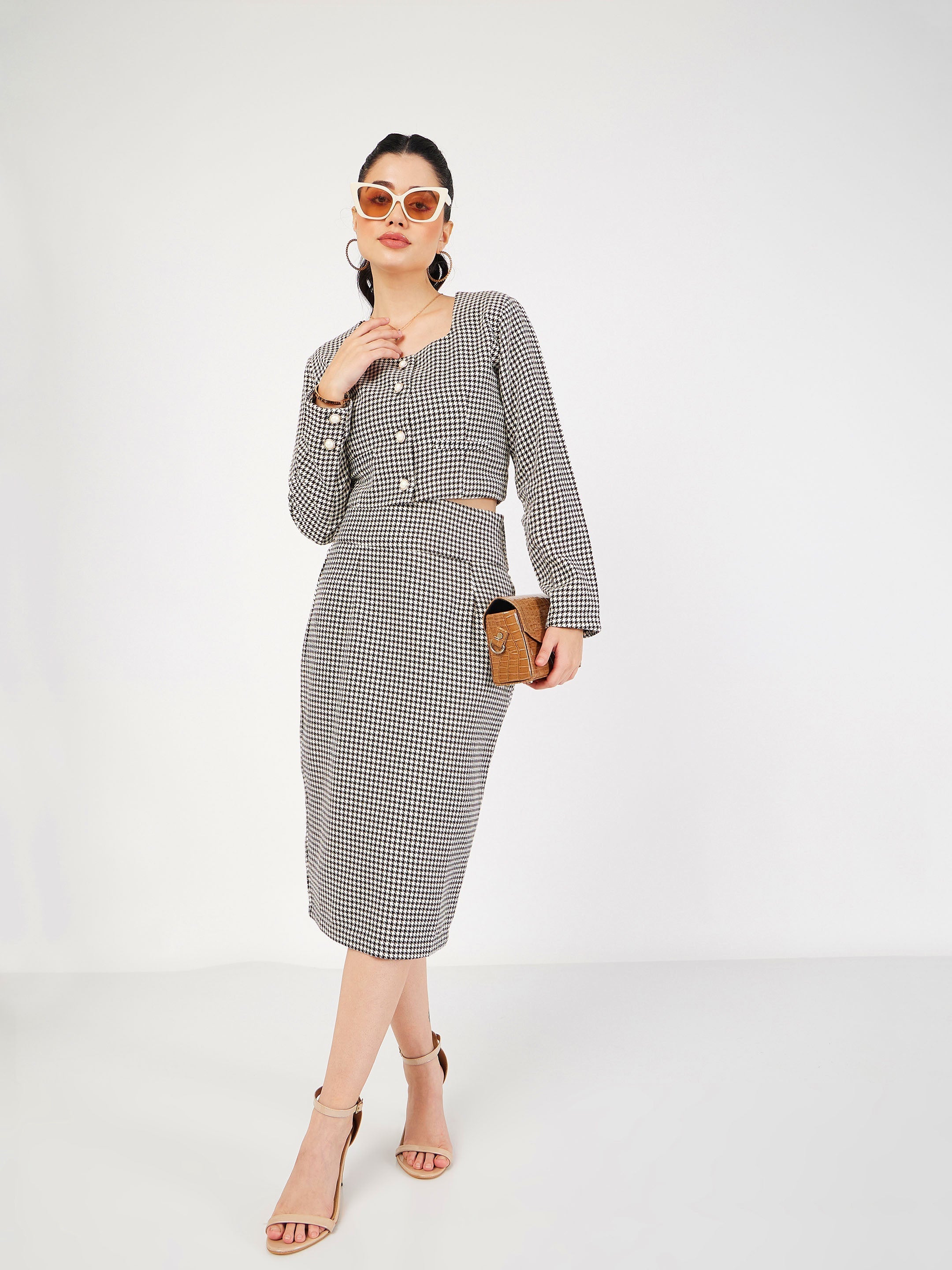 Women Black Houndstooth Tweed Square Neck Top