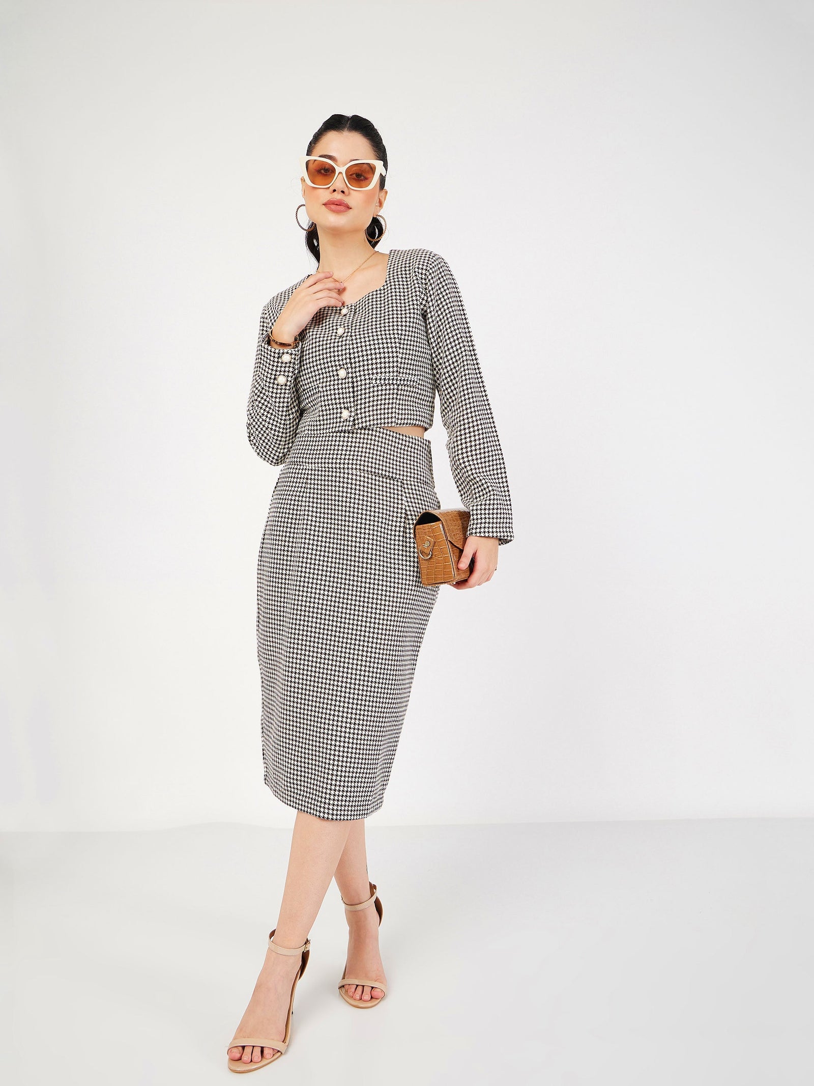 Women Black Houndstooth Tweed Square Neck Top