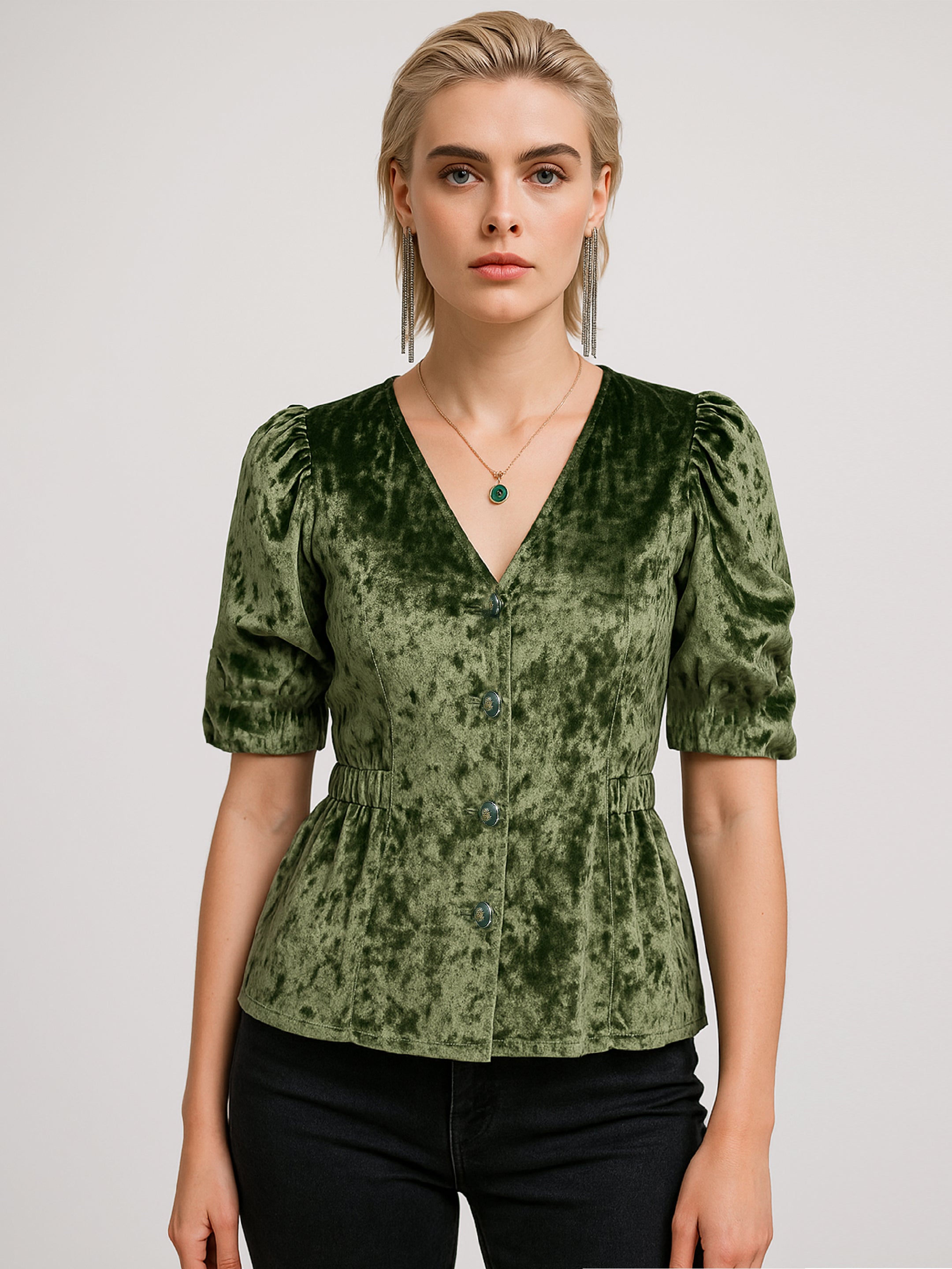 Women Olive Velvet Front Button Top