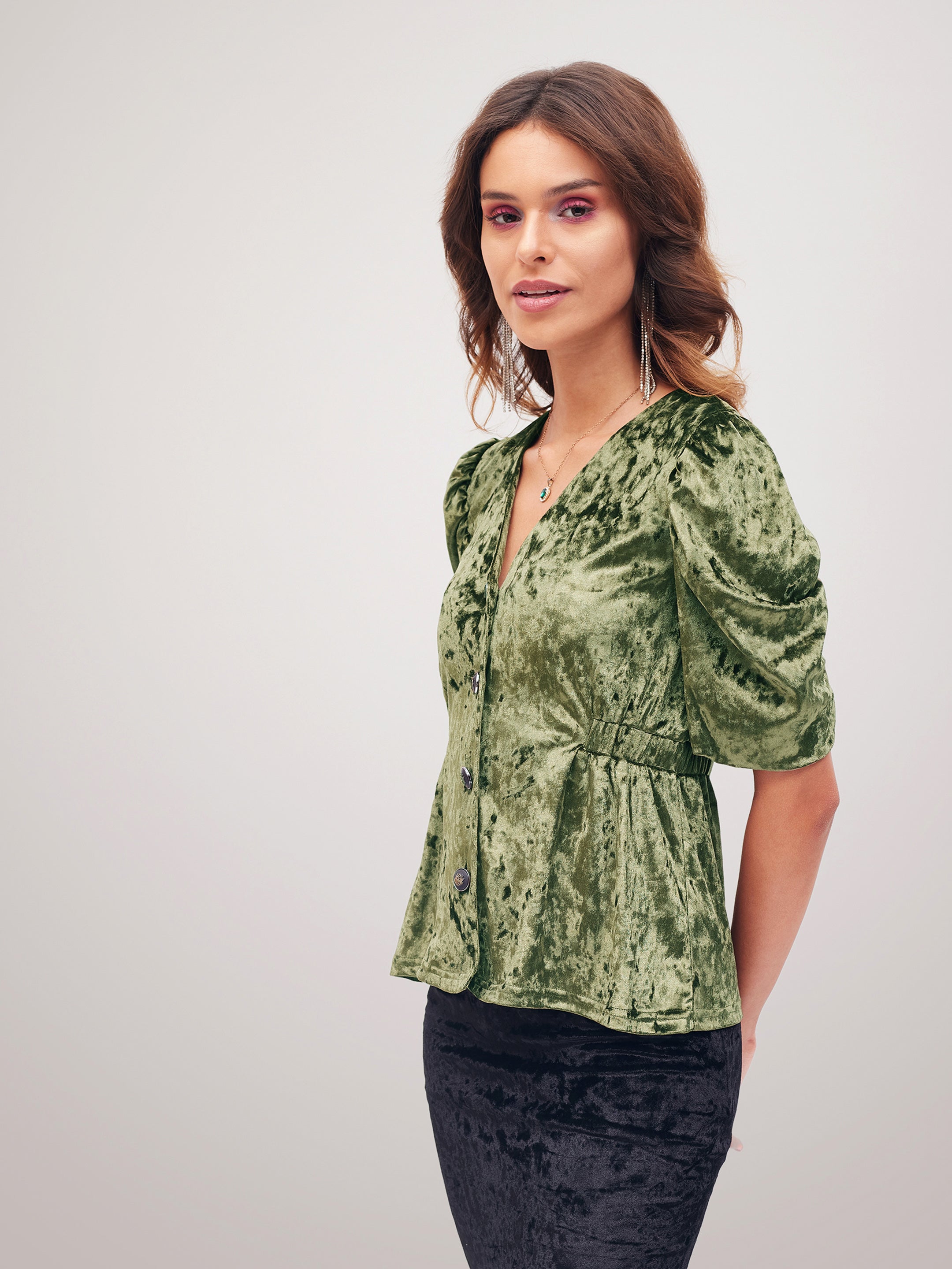 Women Olive Velvet Front Button Top
