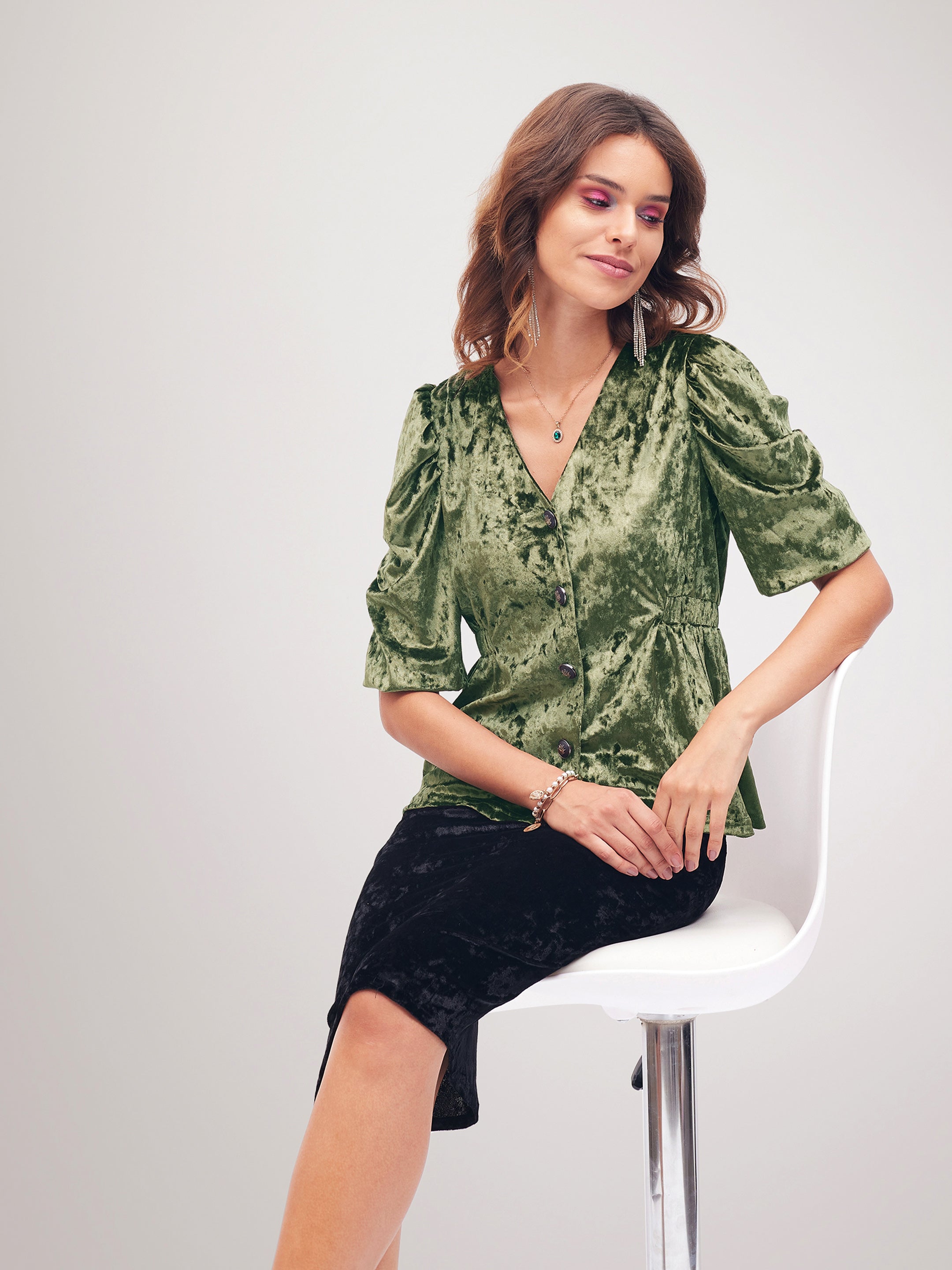 Women Olive Velvet Front Button Top