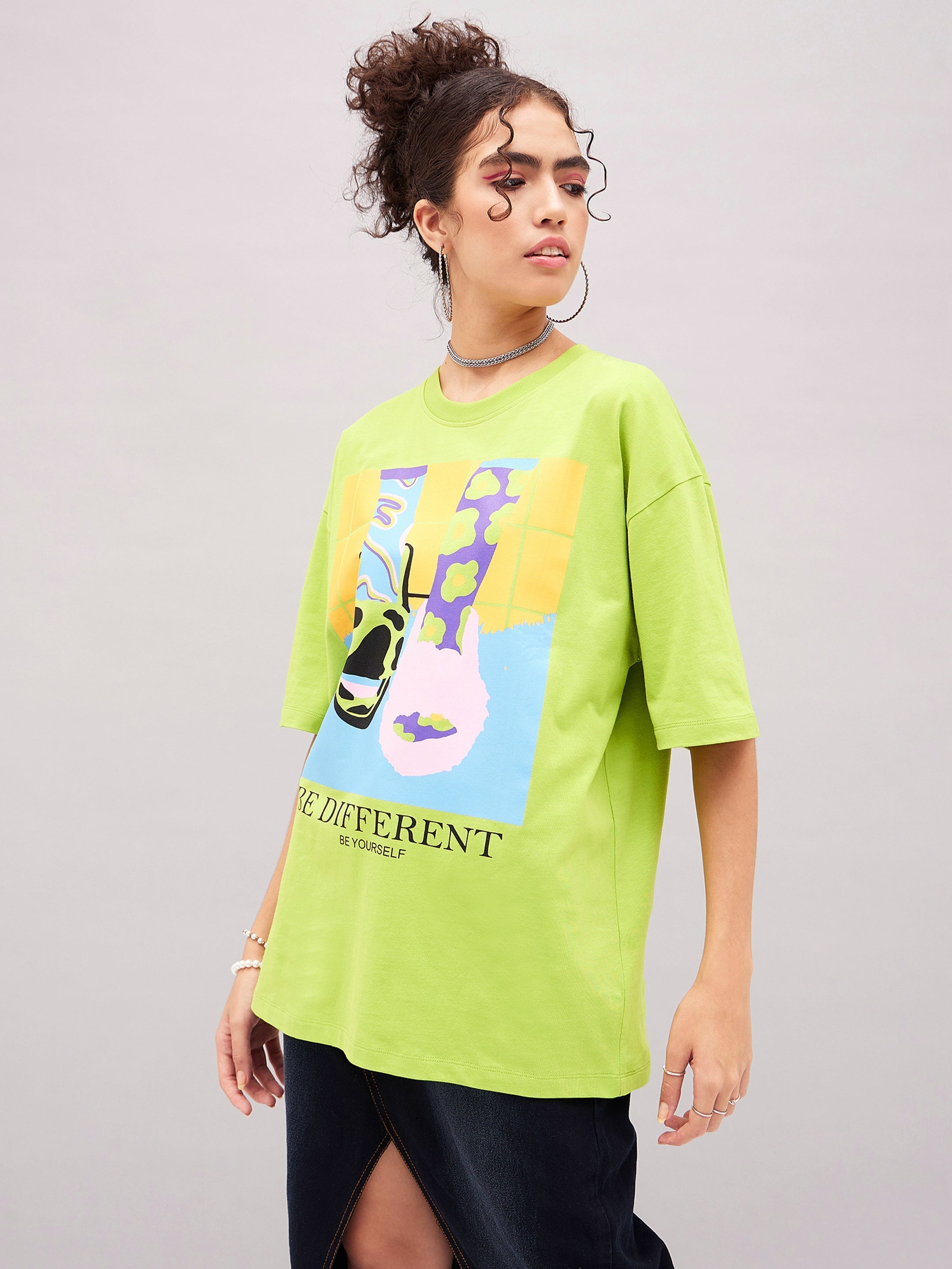 Women Green Be Different Oversized T-shirt