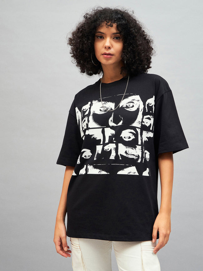 Women Black Retro Photographic Printed Oversized T-shirt