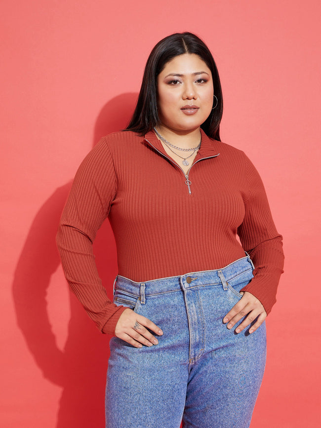 Women Rust Rib Front Zipper Top