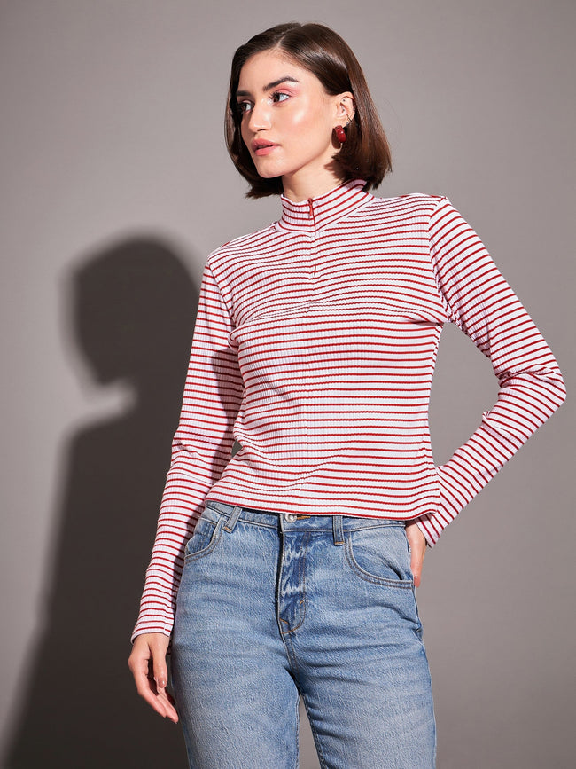 Red & White Striped Rib High Neck Front Zipper Top-SASSAFRAS
