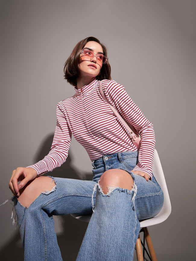 Red & White Striped Rib High Neck Front Zipper Top-SASSAFRAS