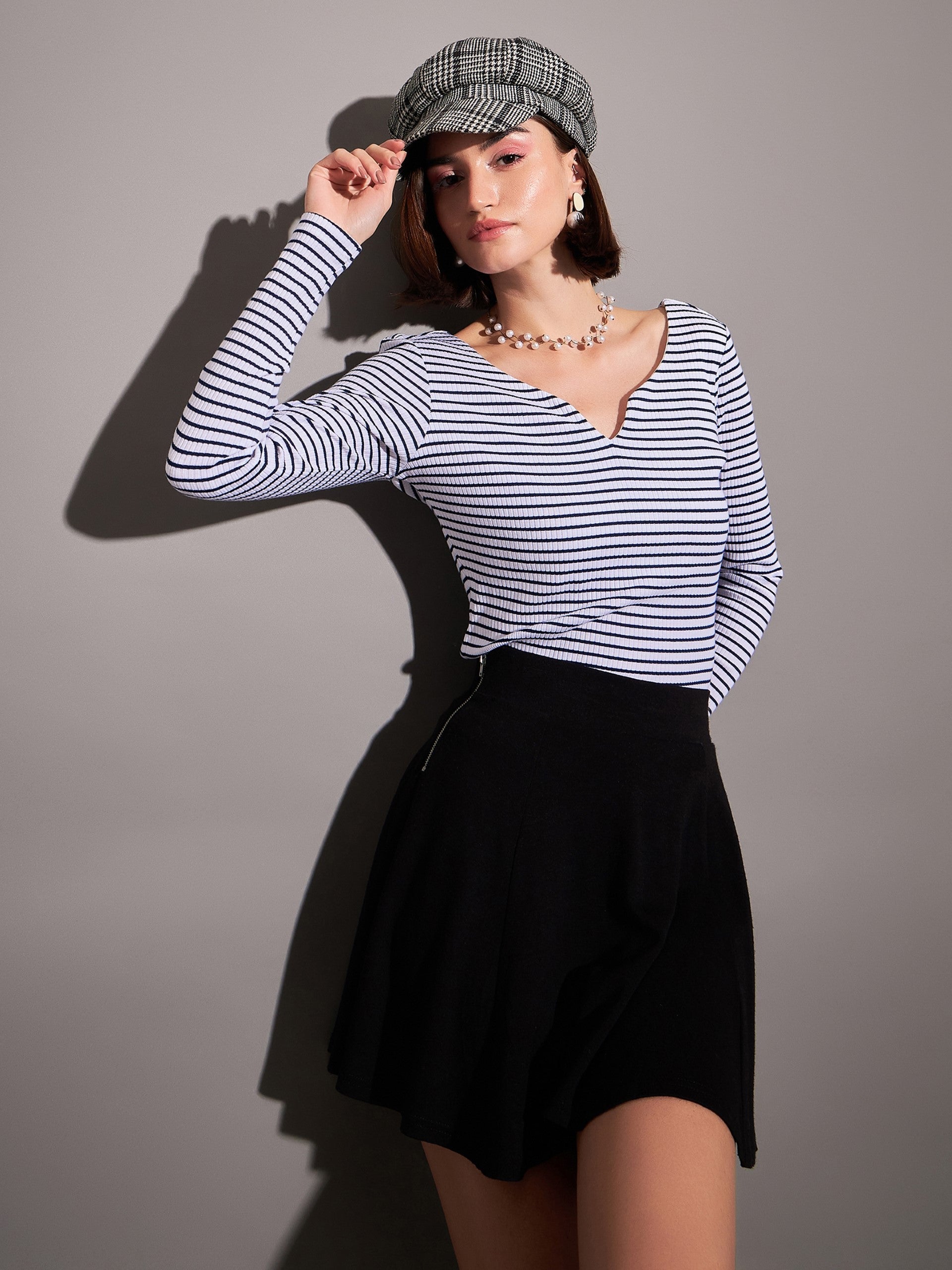 Women Navy & White Striped Rib  Top