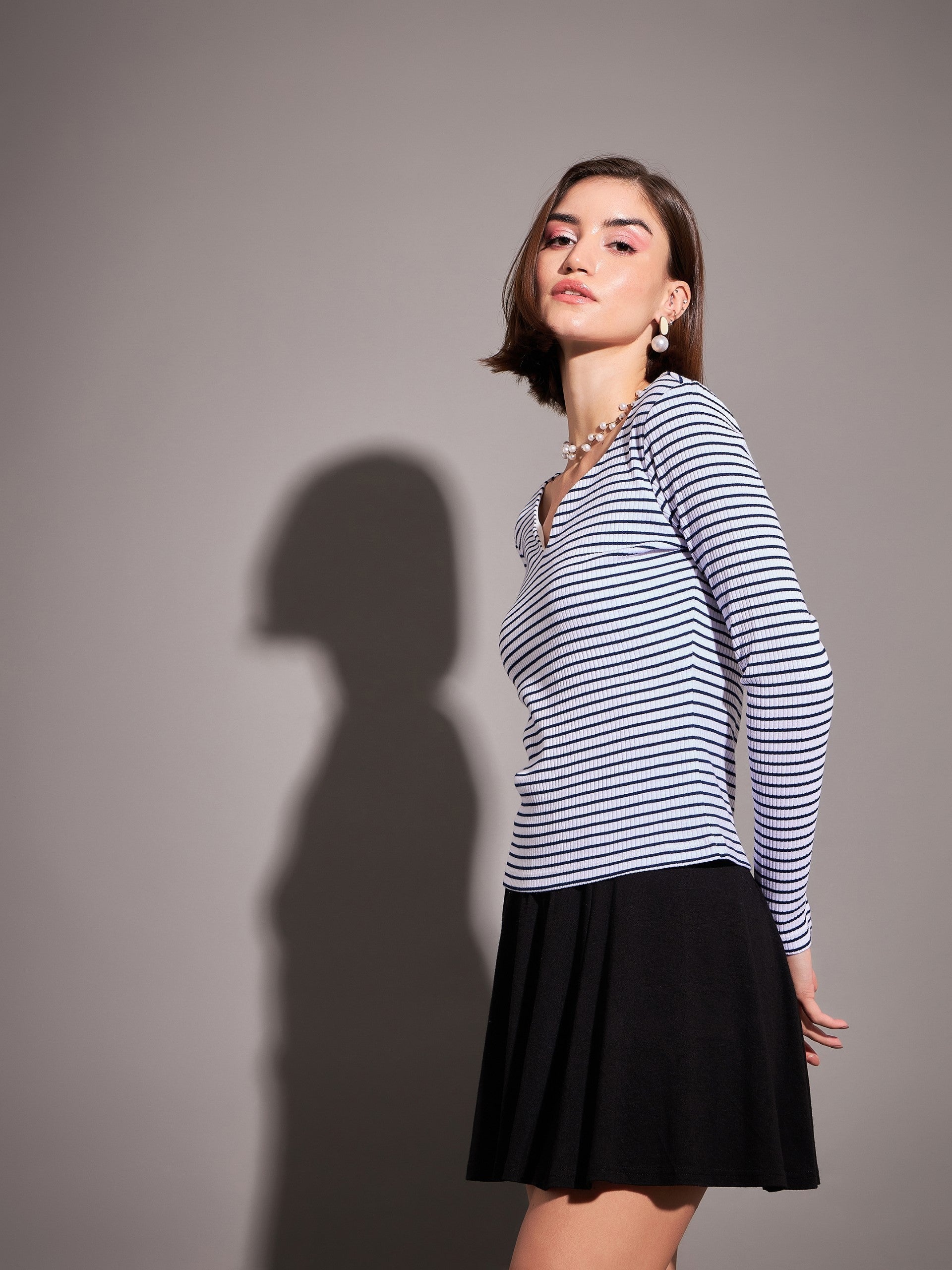 Women Navy & White Striped Rib  Top