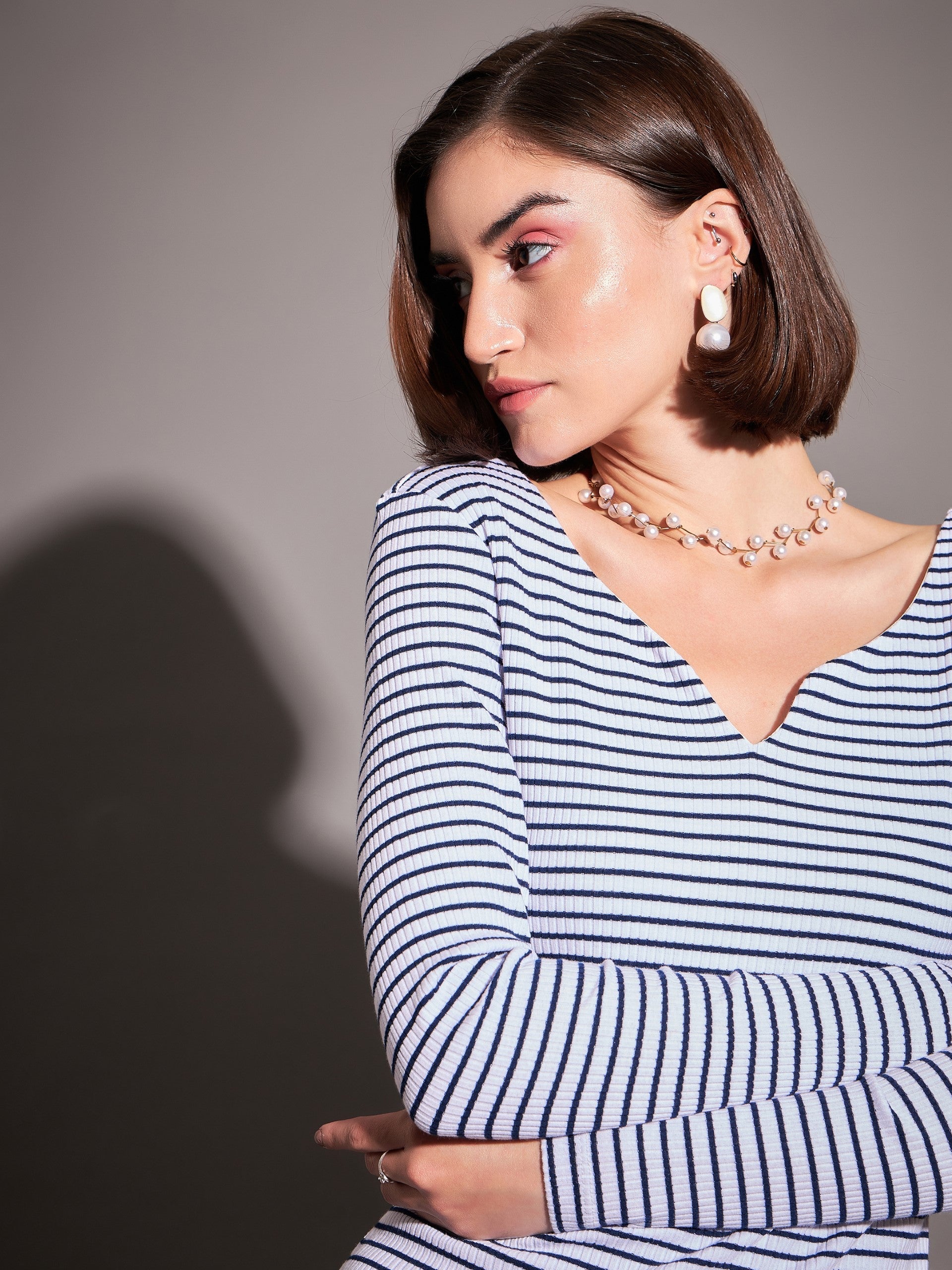 Women Navy & White Striped Rib  Top