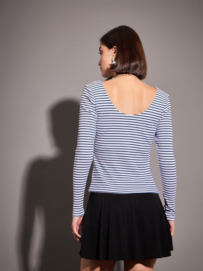 Women Navy & White Striped Rib  Top