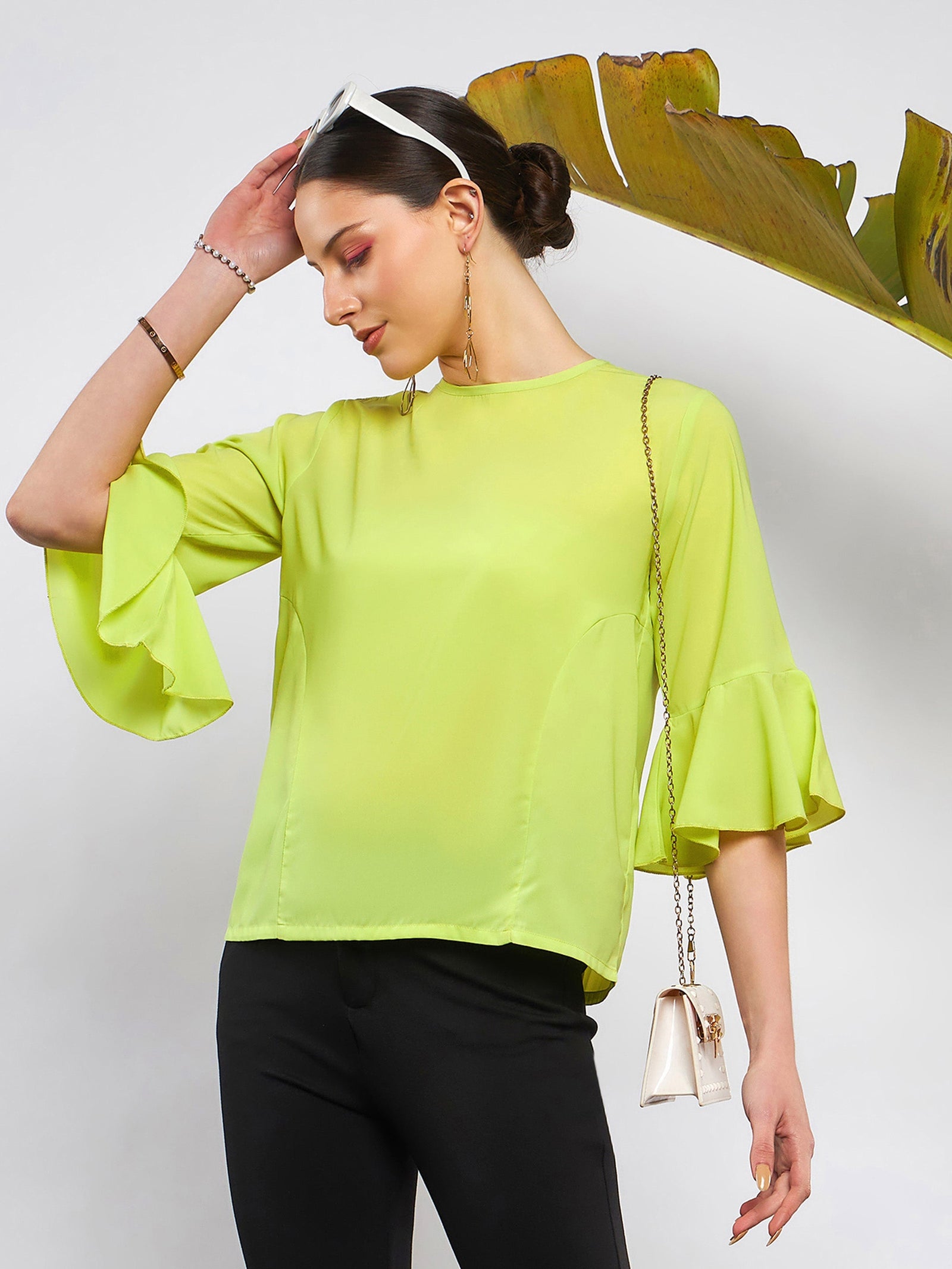 Lime Green Ruffle Sleeve Top-SASSAFRAS