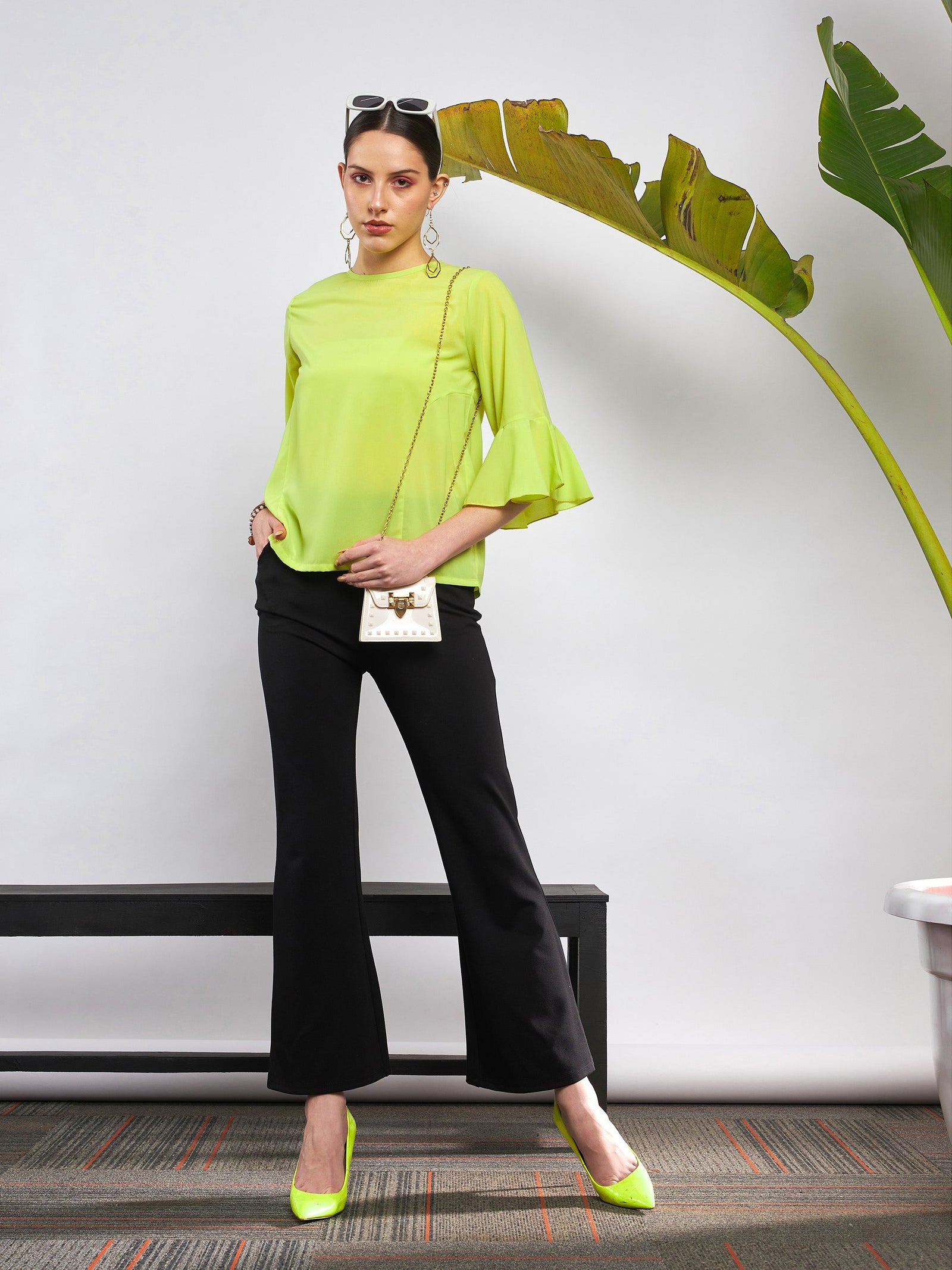 Lime Green Ruffle Sleeve Top-SASSAFRAS