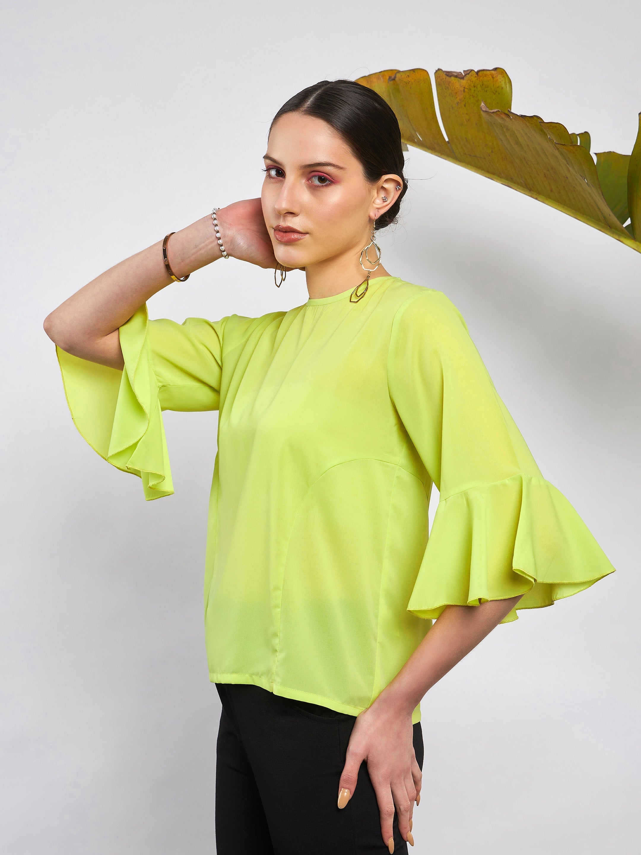 Lime Green Ruffle Sleeve Top-SASSAFRAS